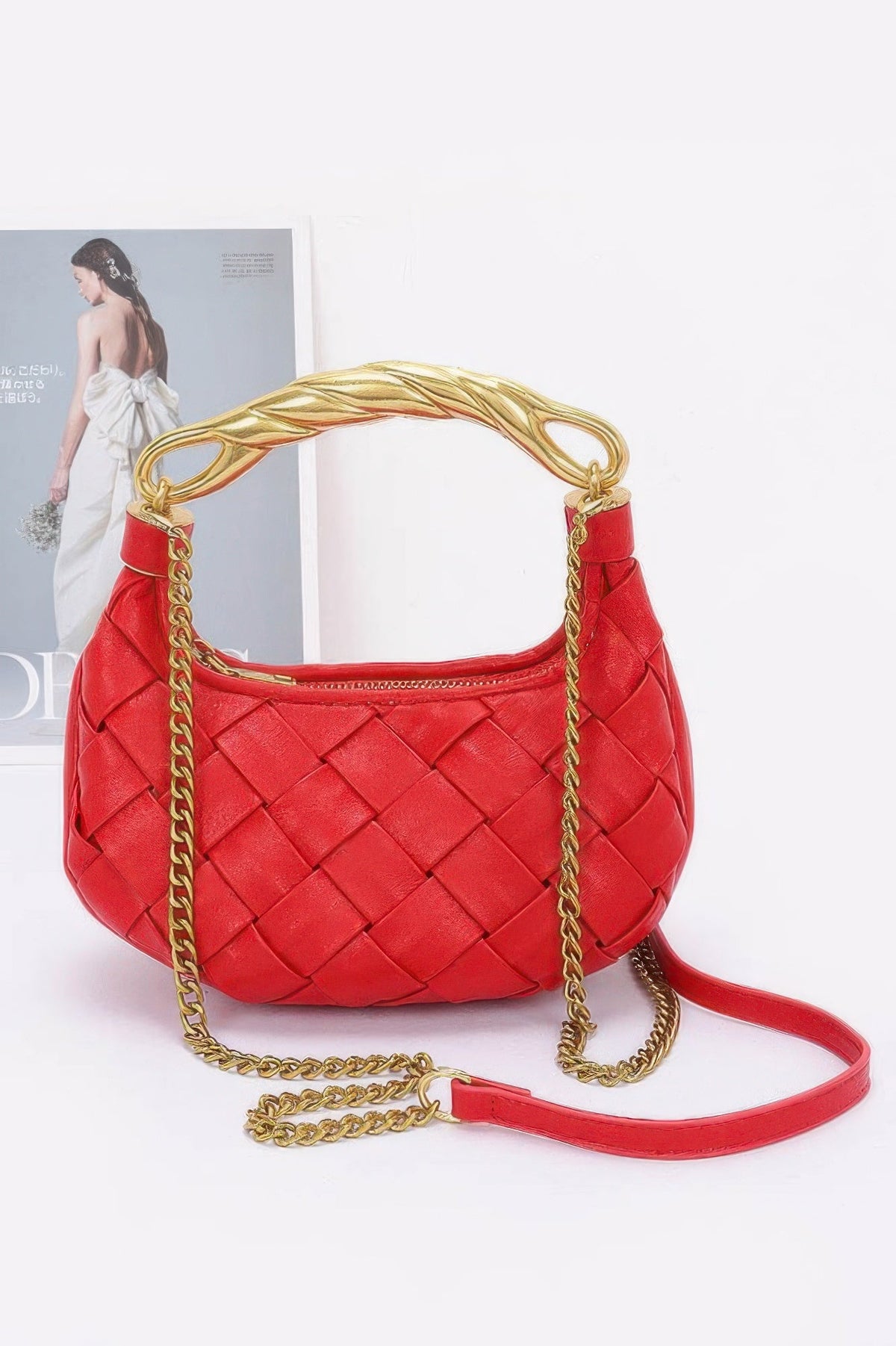 Faux Leather Braided Metal Handle Bag