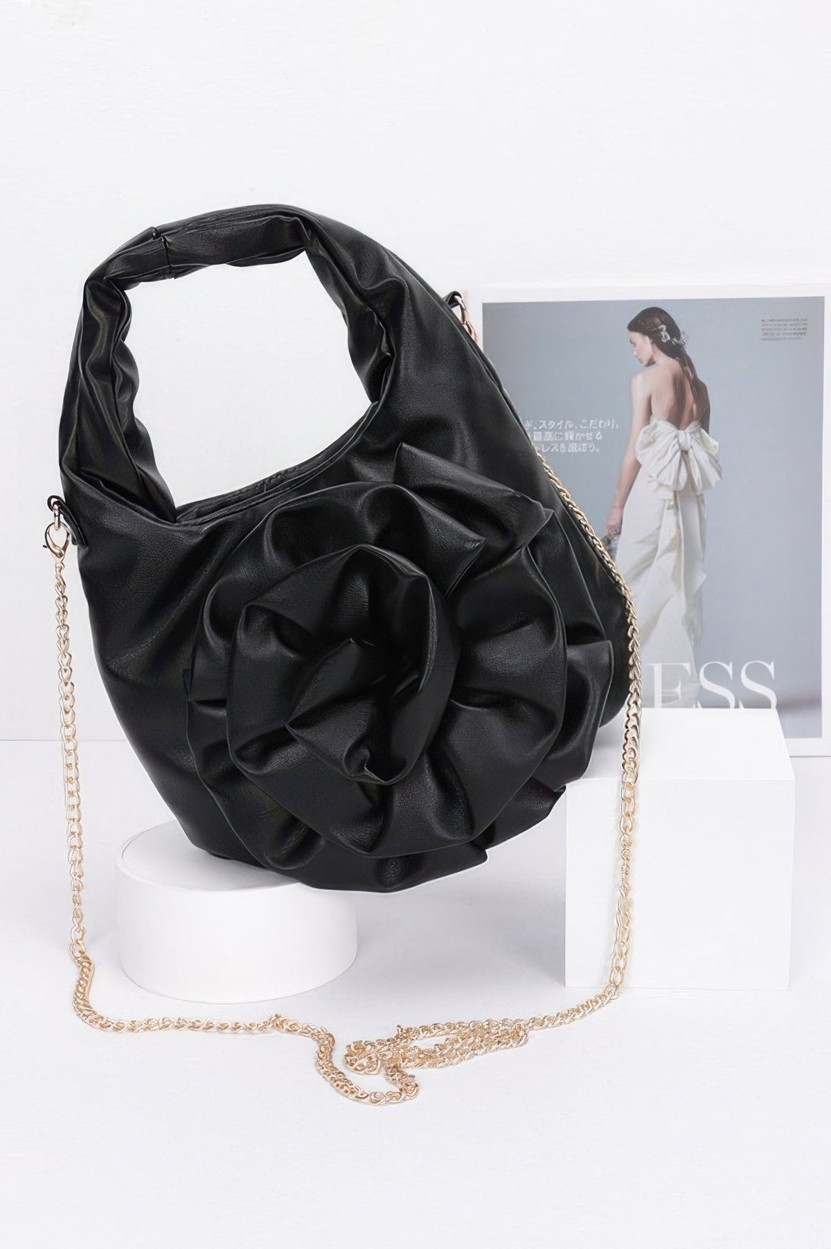 Faux Leather Big Flower Handle Bag