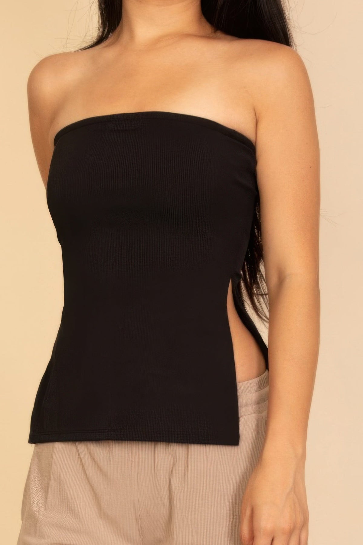 Strapless Ribbed Side-slit Flare Top