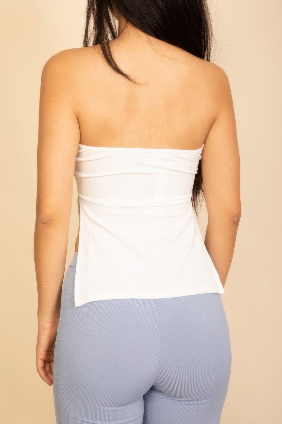 Strapless Ribbed Side-slit Flare Top