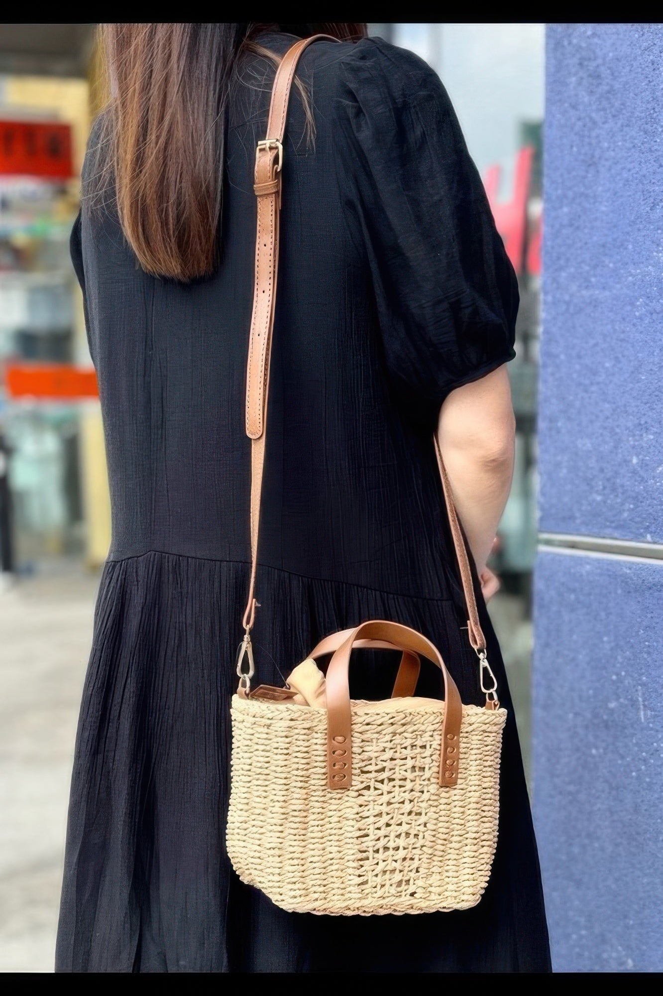 Faux Straw Top Handle Small Tote Bag