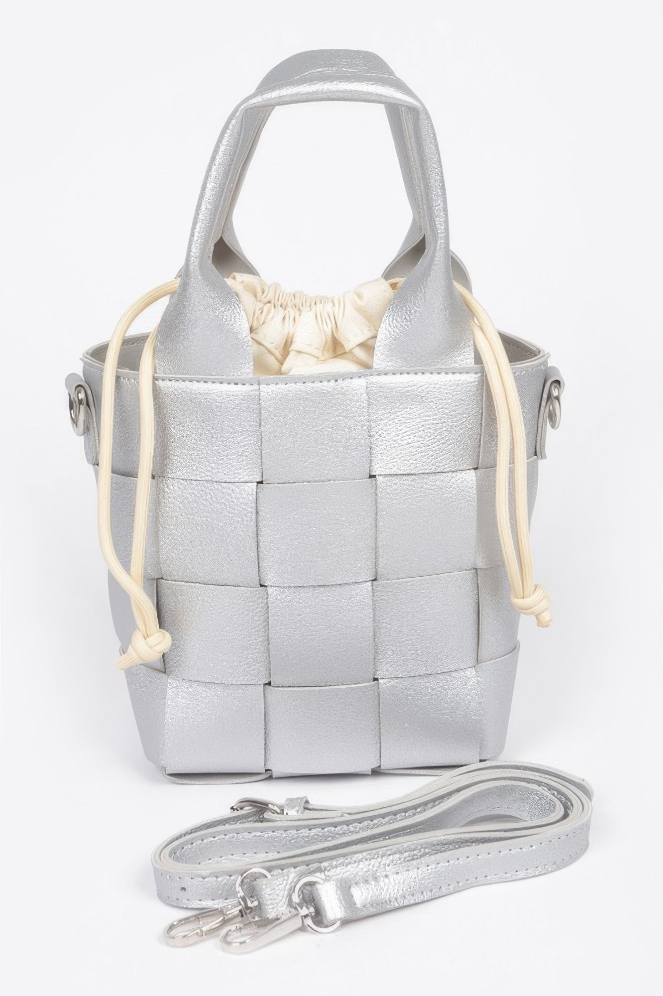 Faux Leather Braided Handle Bag W/canvas Pouch