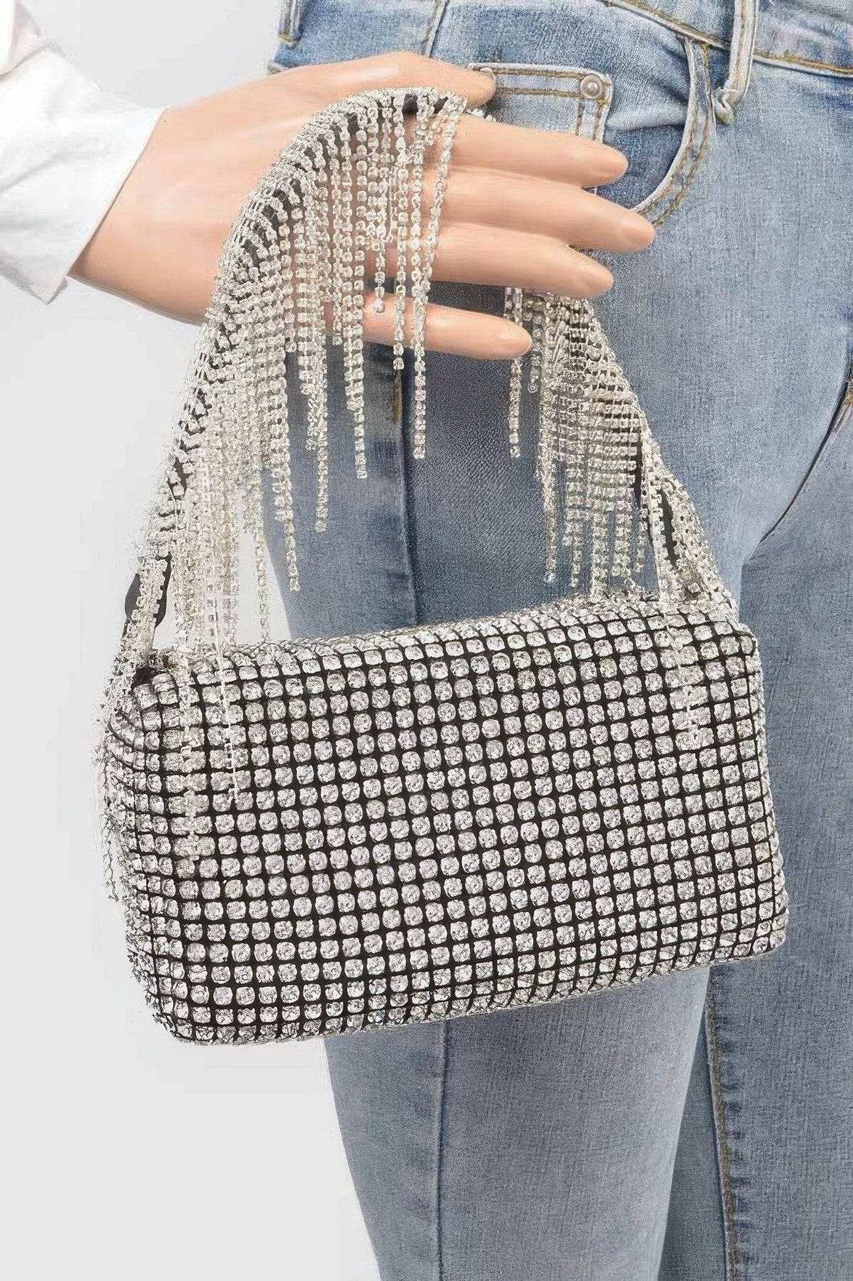 Oversized Rhinestone Fringe Strap Clutch