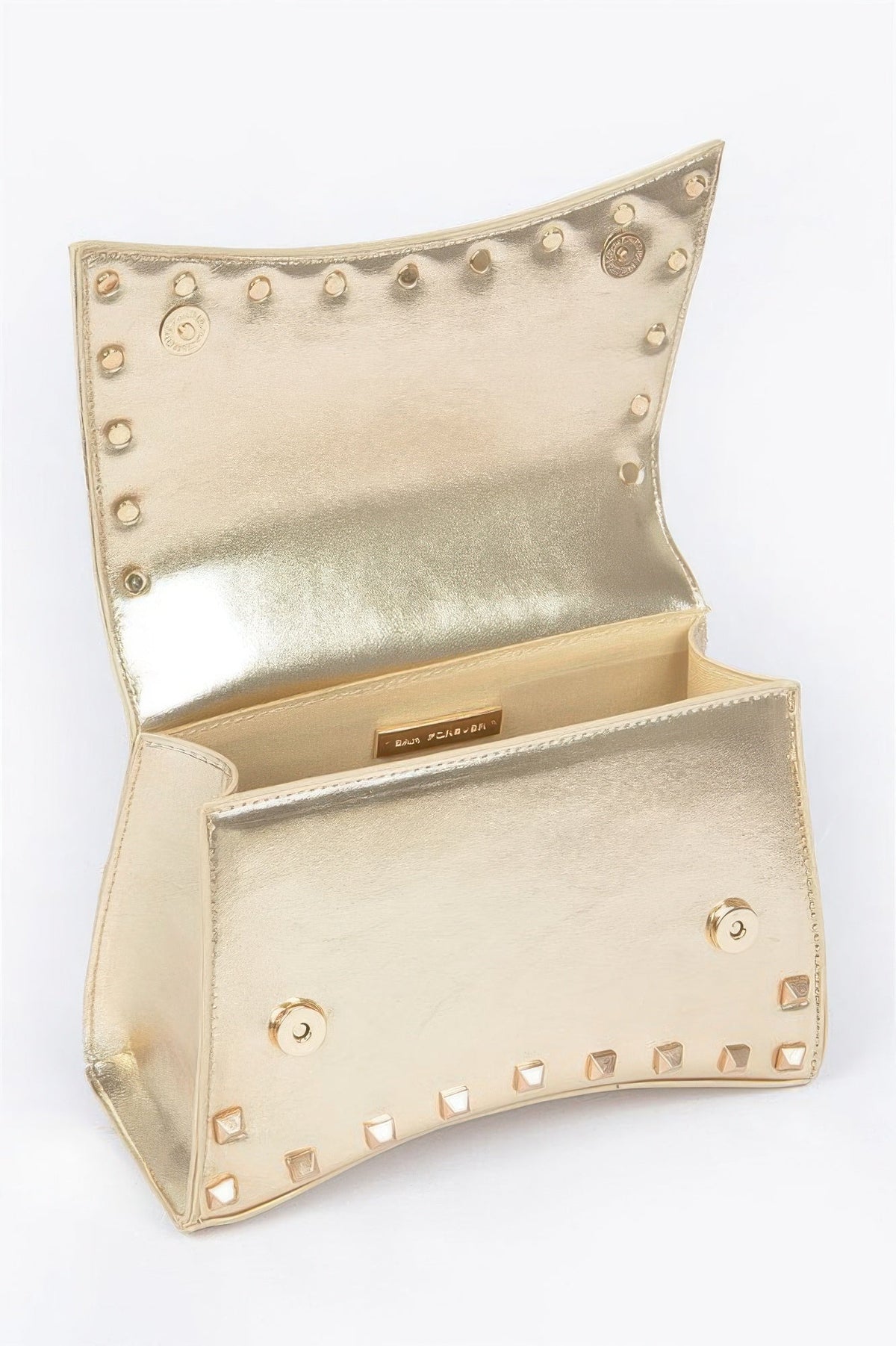 Metallic Faux Leather Studded Top Handle Clutch