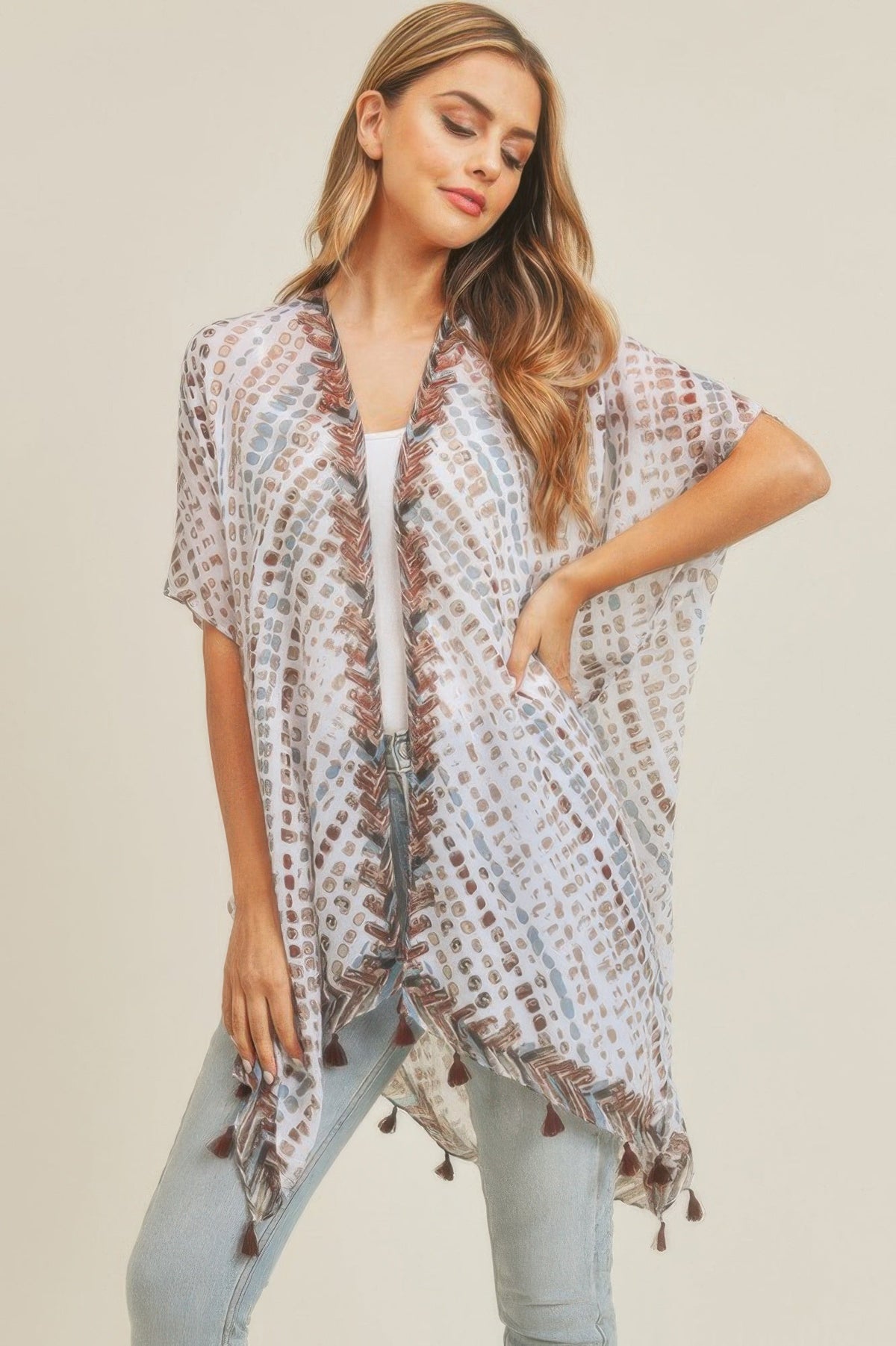 Multi Dash Pattern Tassel Kimono
