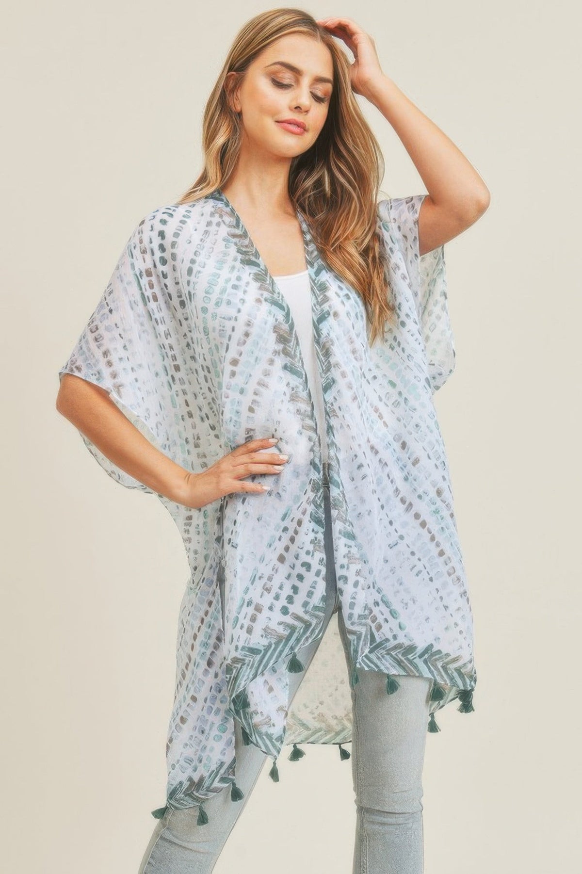 Multi Dash Pattern Tassel Kimono