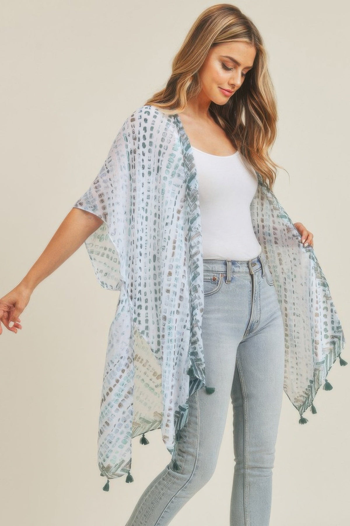 Multi Dash Pattern Tassel Kimono