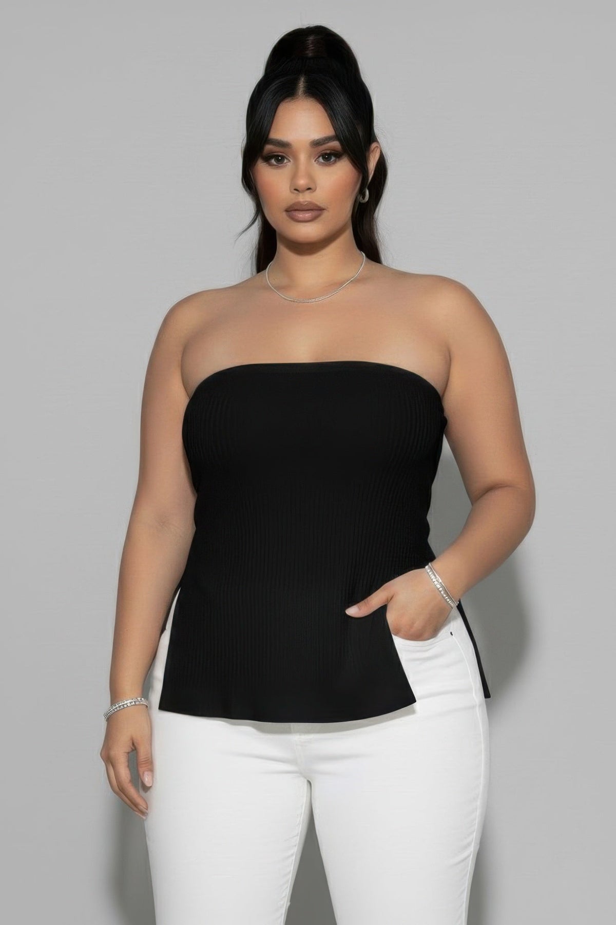 Plus Strapless Ribbed Side-slit Flare Top
