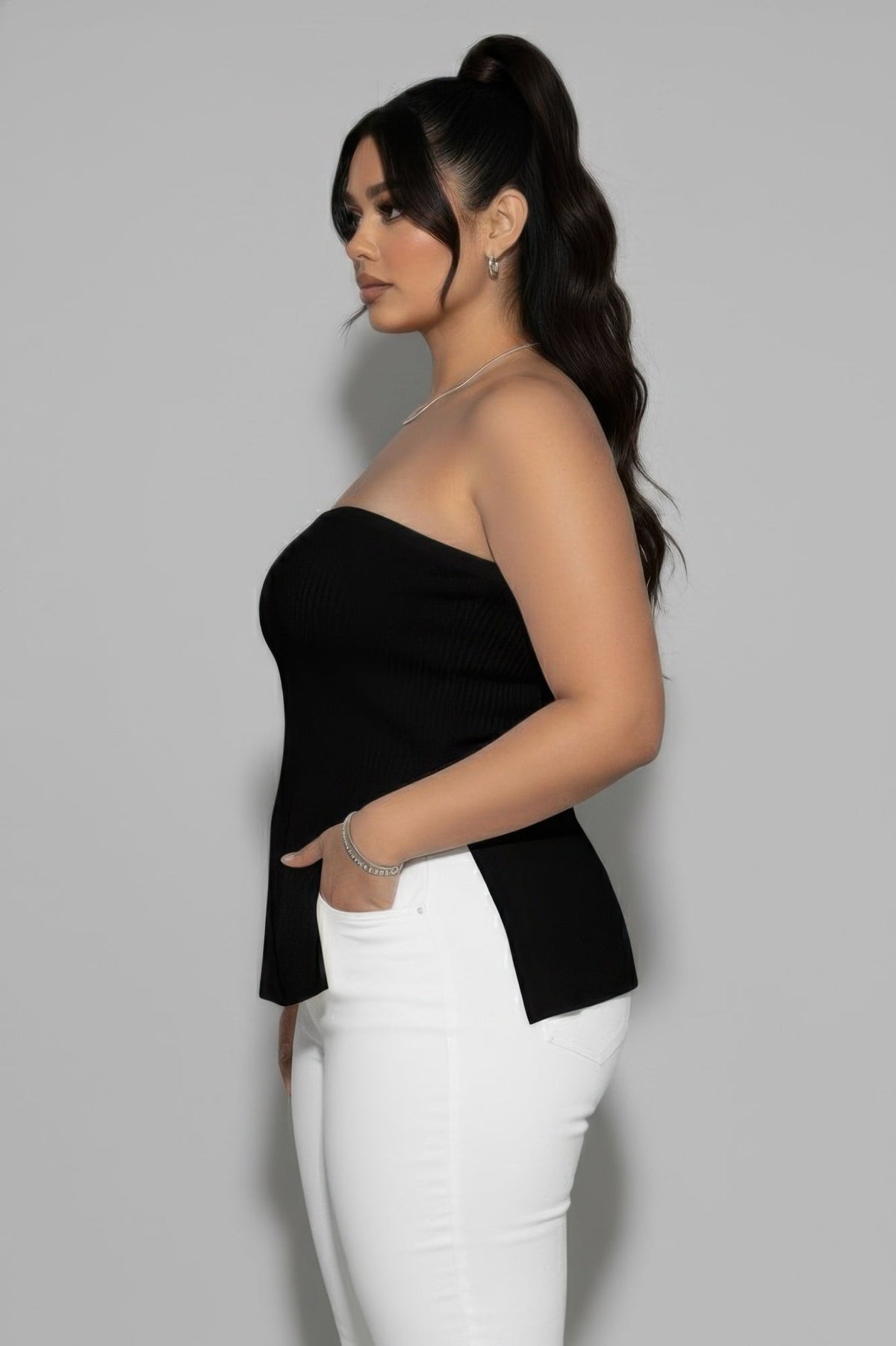 Plus Strapless Ribbed Side-slit Flare Top