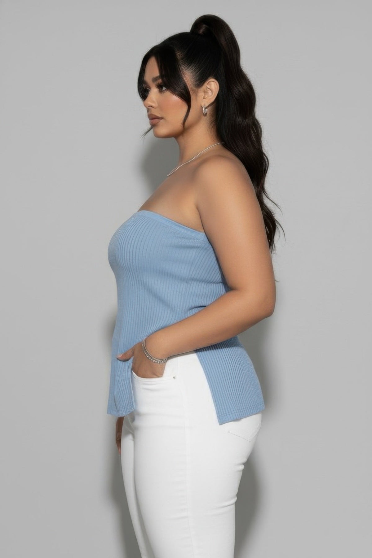 Plus Strapless Ribbed Side-slit Flare Top