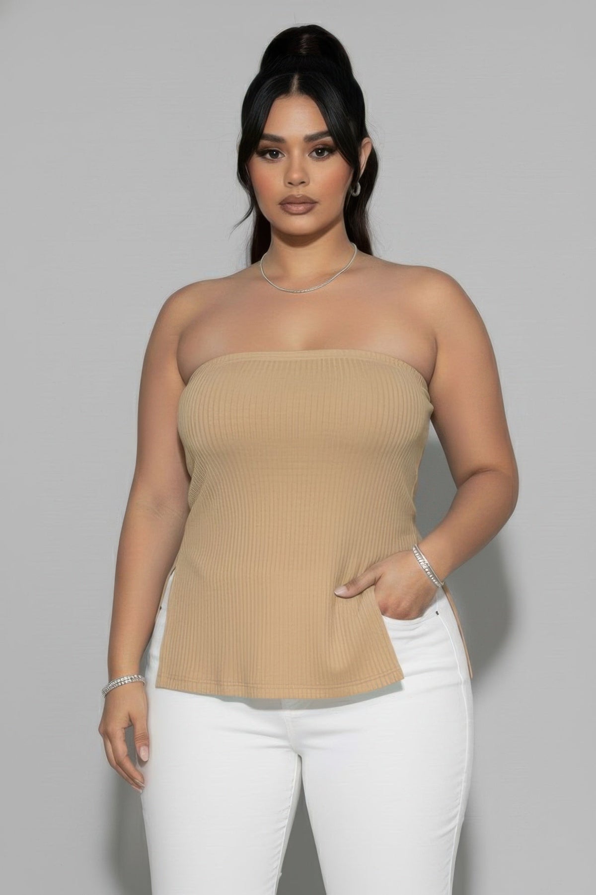 Plus Strapless Ribbed Side-slit Flare Top