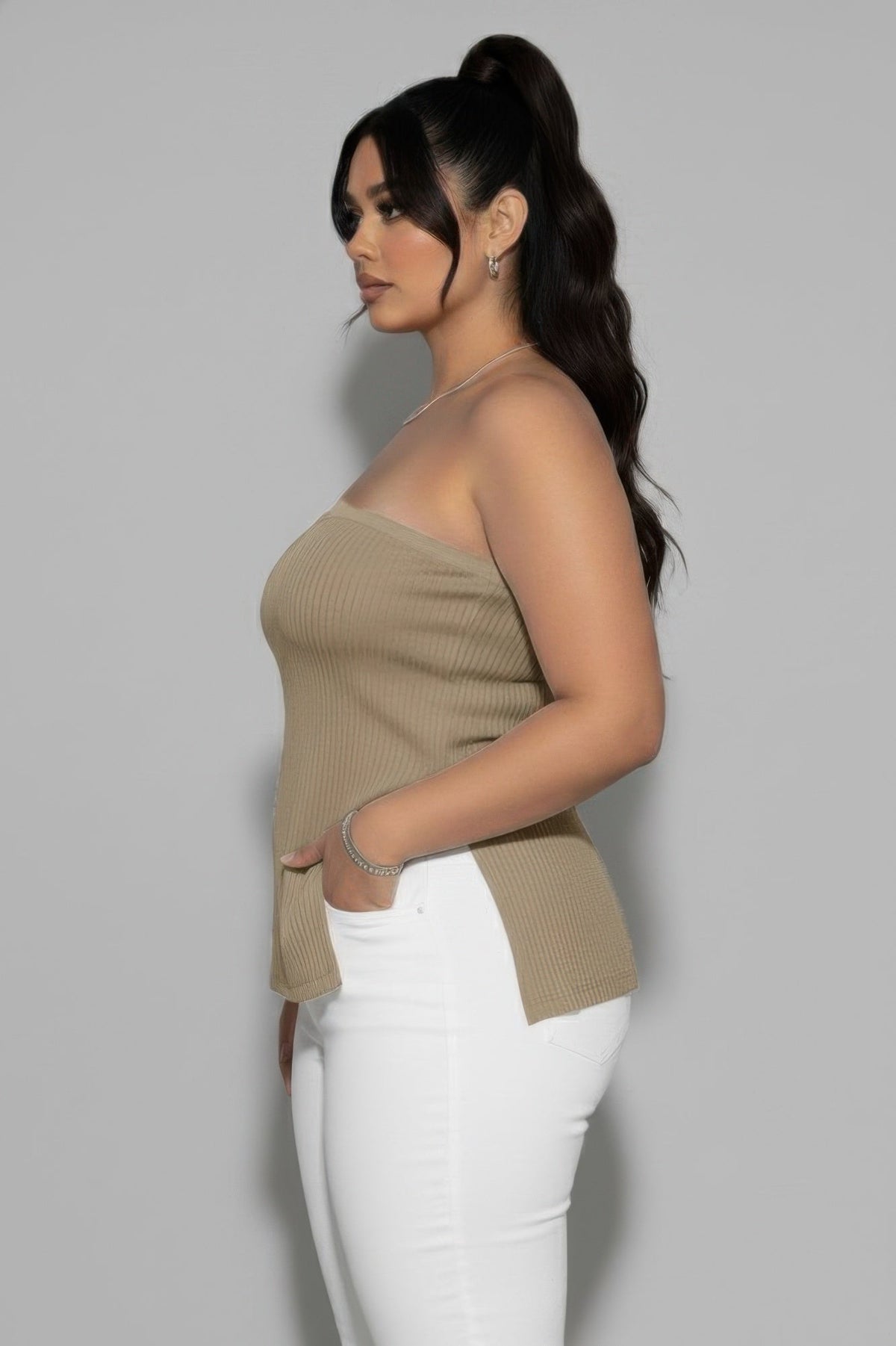 Plus Strapless Ribbed Side-slit Flare Top