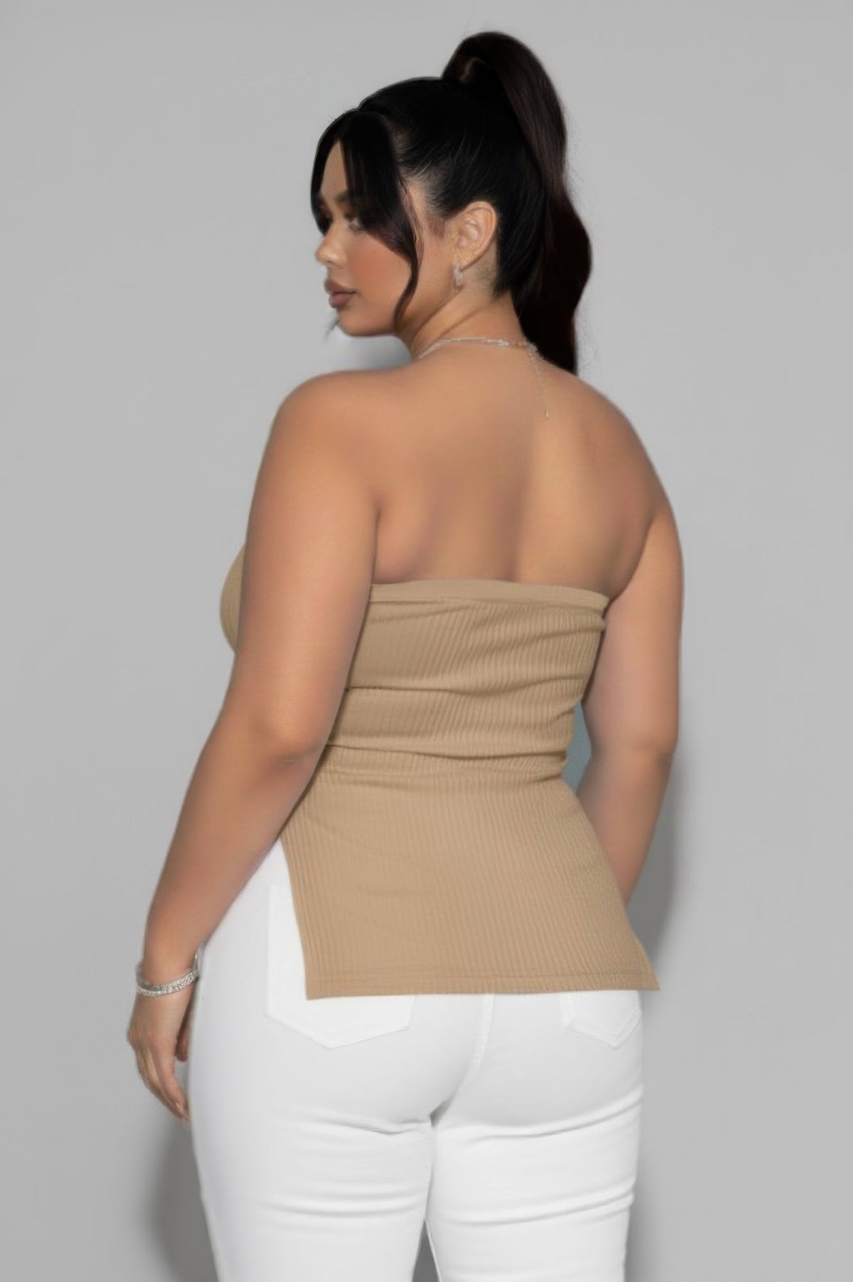 Plus Strapless Ribbed Side-slit Flare Top