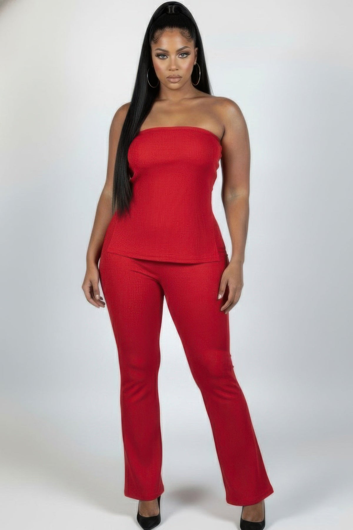 Plus Size Ultra-fine Ribbed Slit Tube Top & High-waist Flare Pants Set