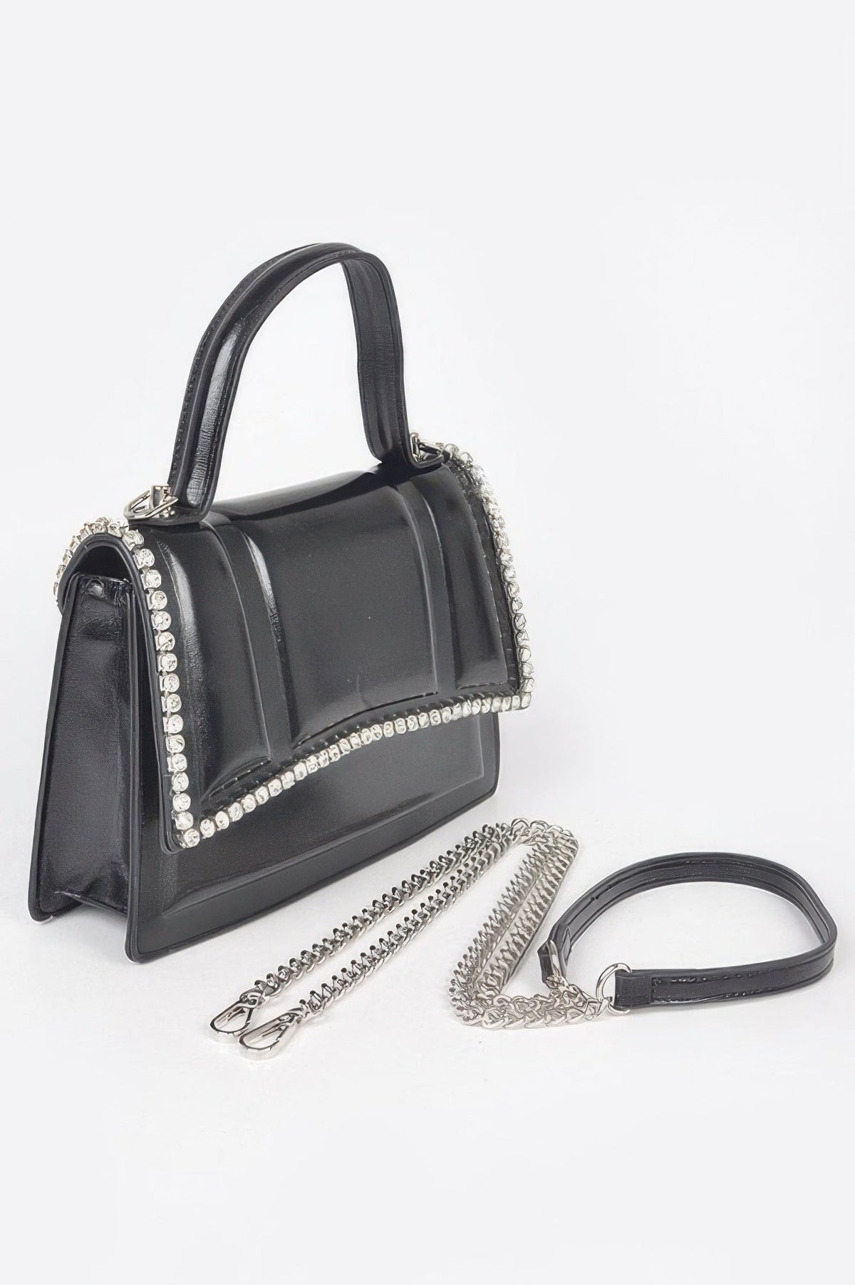 Faux Metallic Leather Top Handle Bag/w Stones