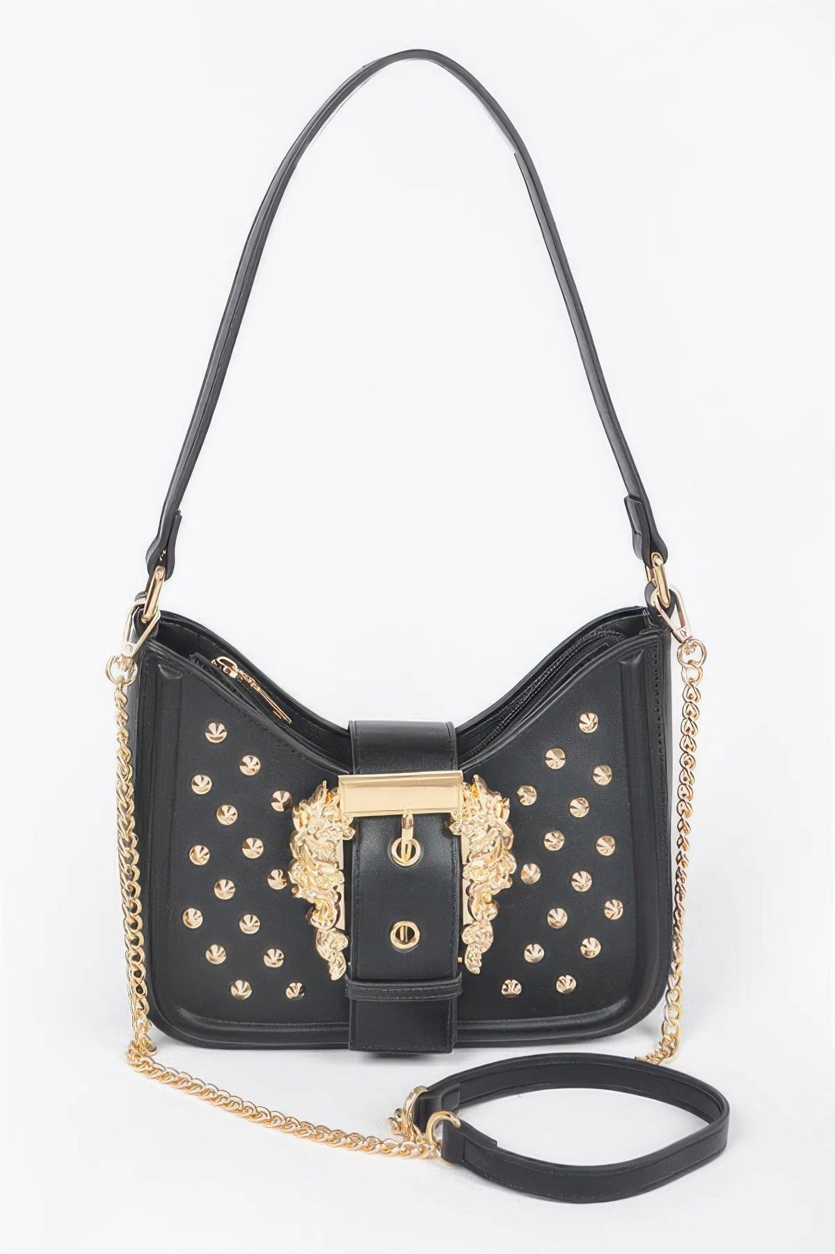 Faux Leather Studded Metal Buckle Shoulder Bag