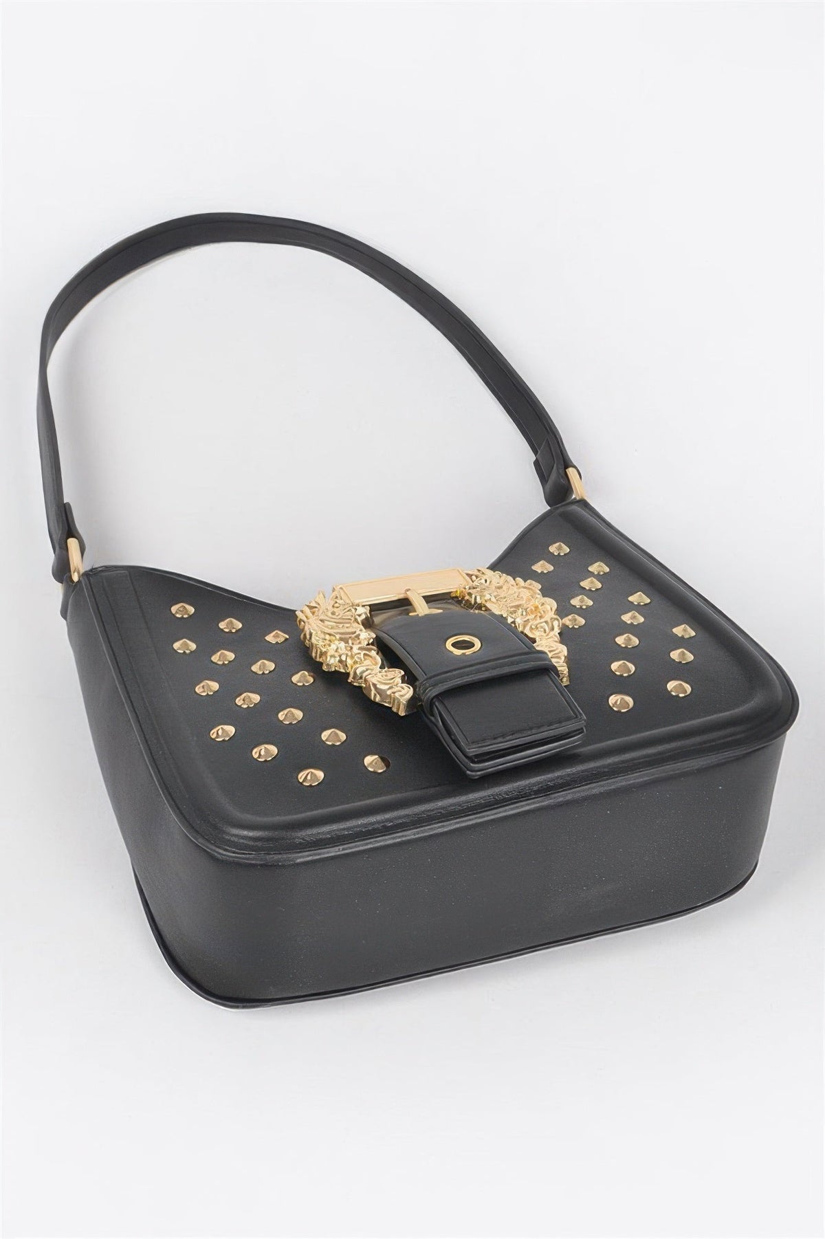 Faux Leather Studded Metal Buckle Shoulder Bag