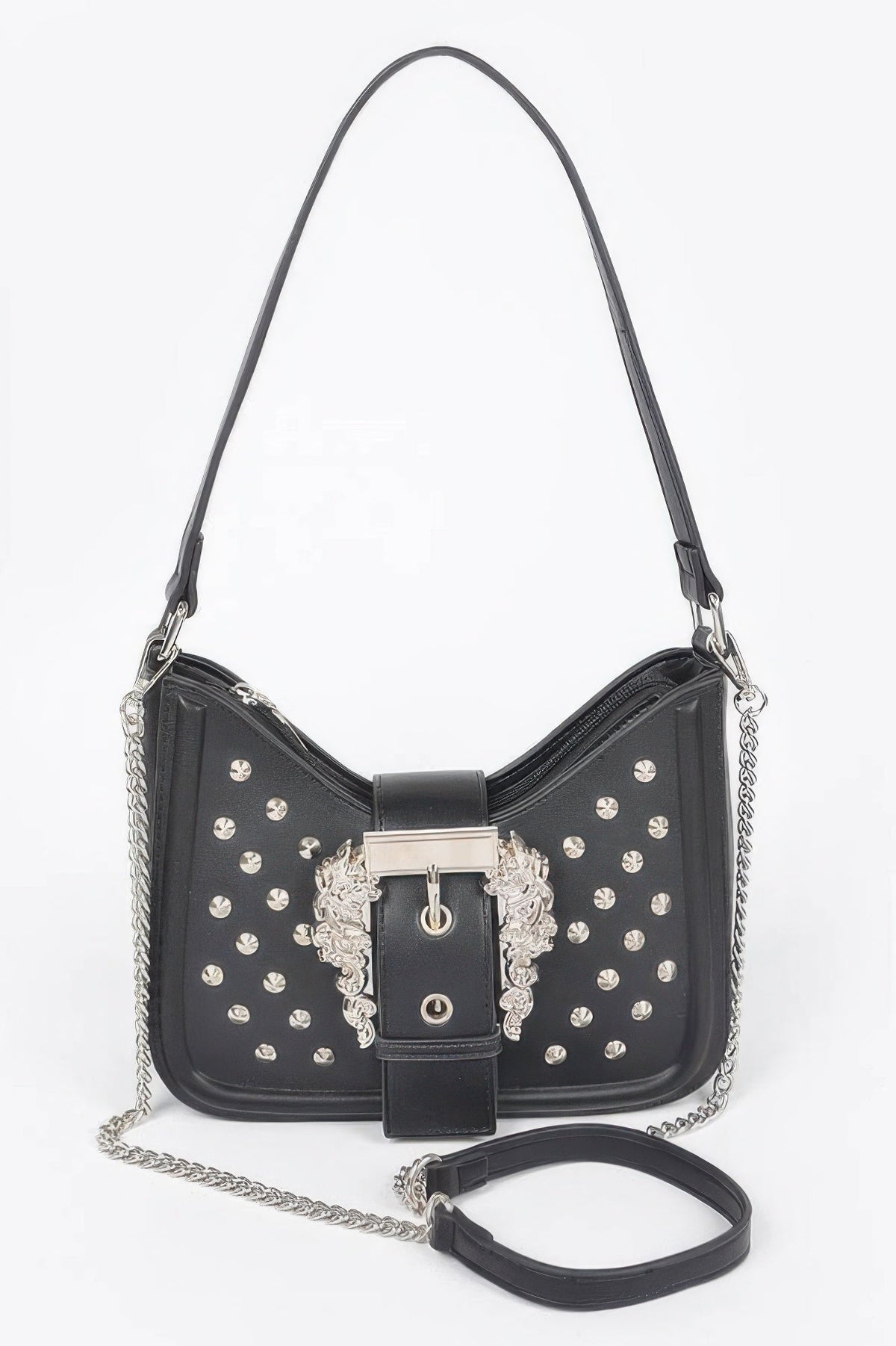Faux Leather Studded Metal Buckle Shoulder Bag