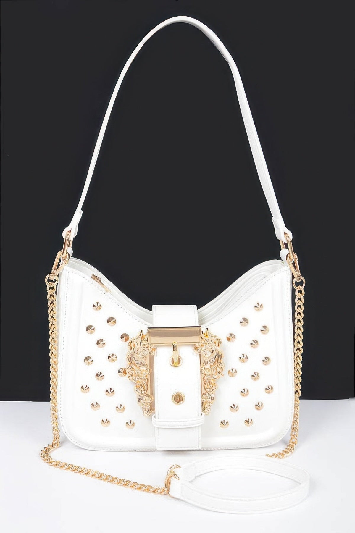 Faux Leather Studded Metal Buckle Shoulder Bag
