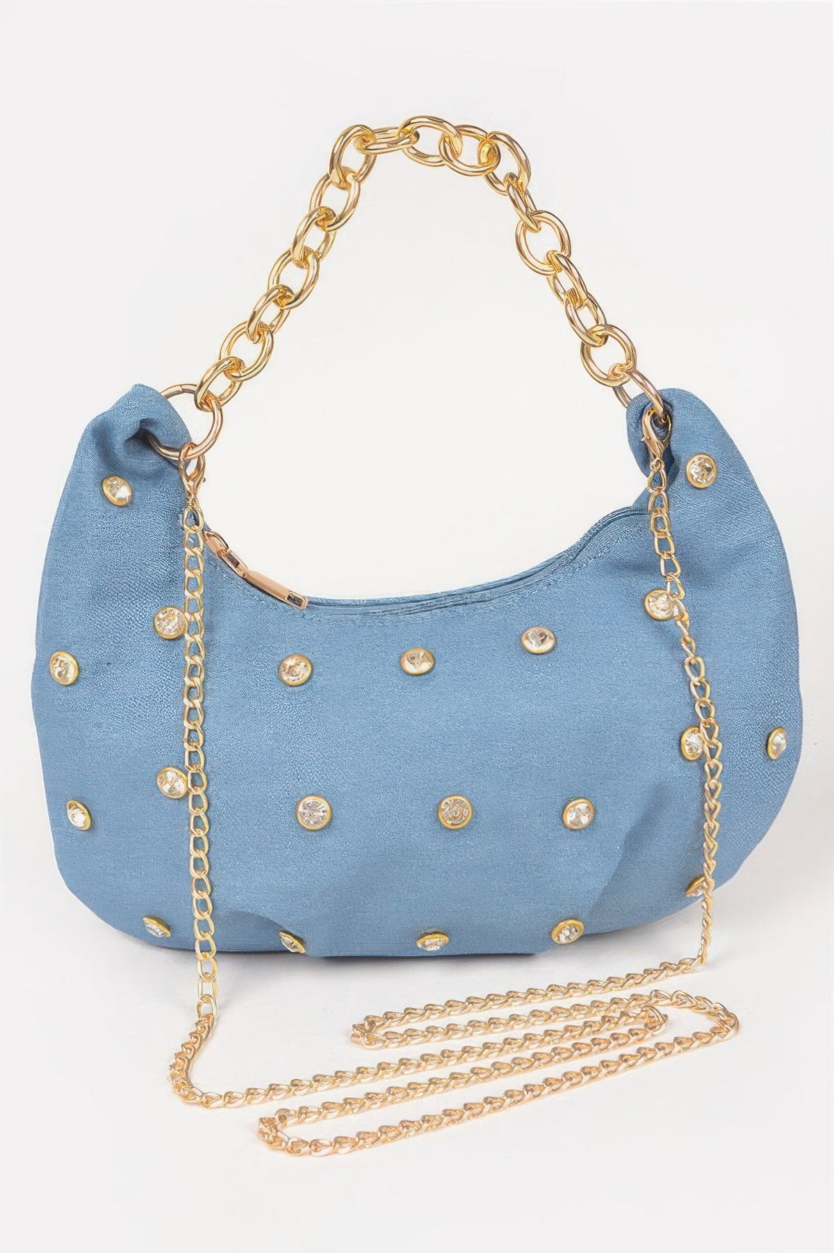 Denim Stone Stud Chain Handle Bag