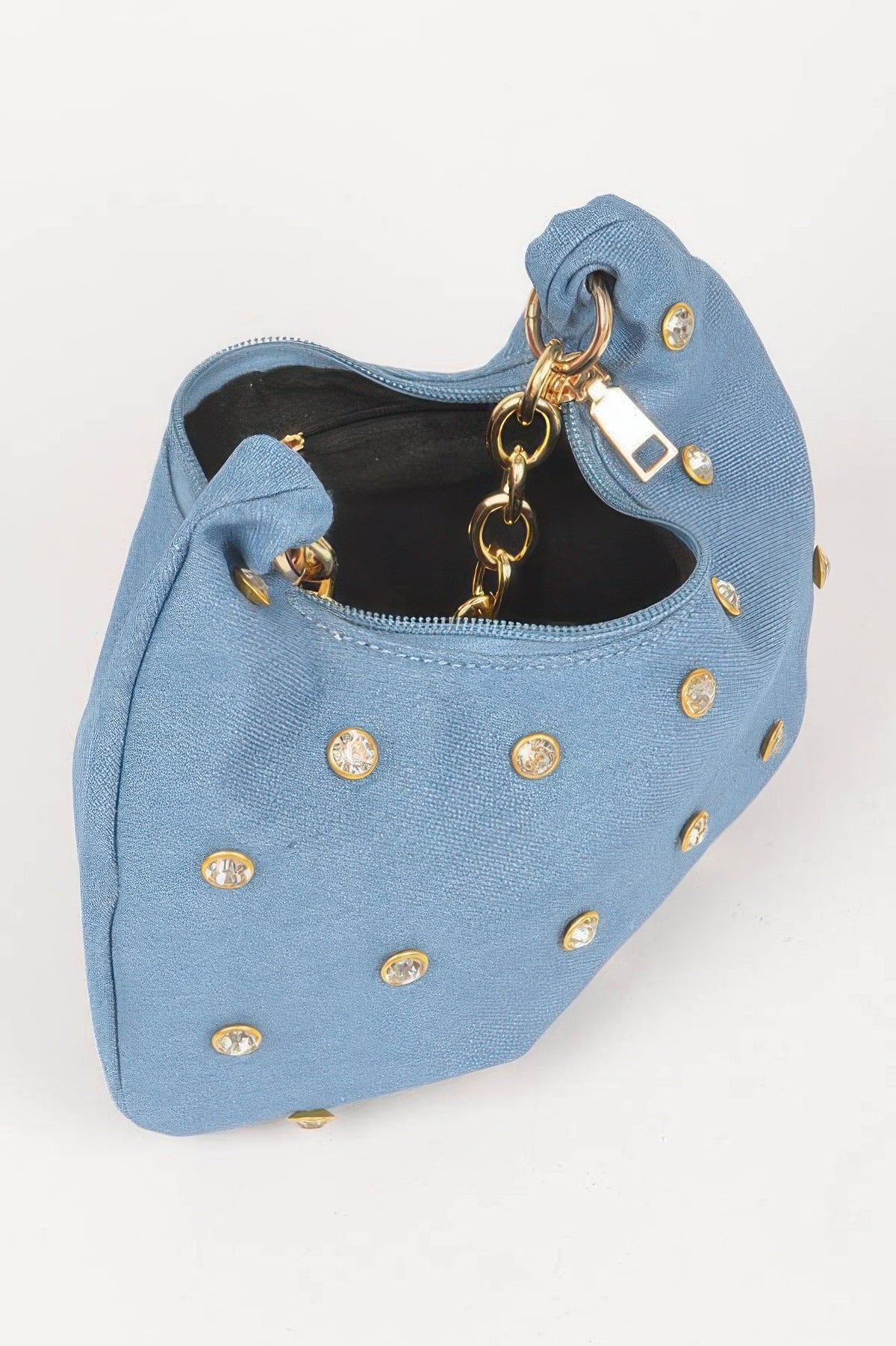 Denim Stone Stud Chain Handle Bag