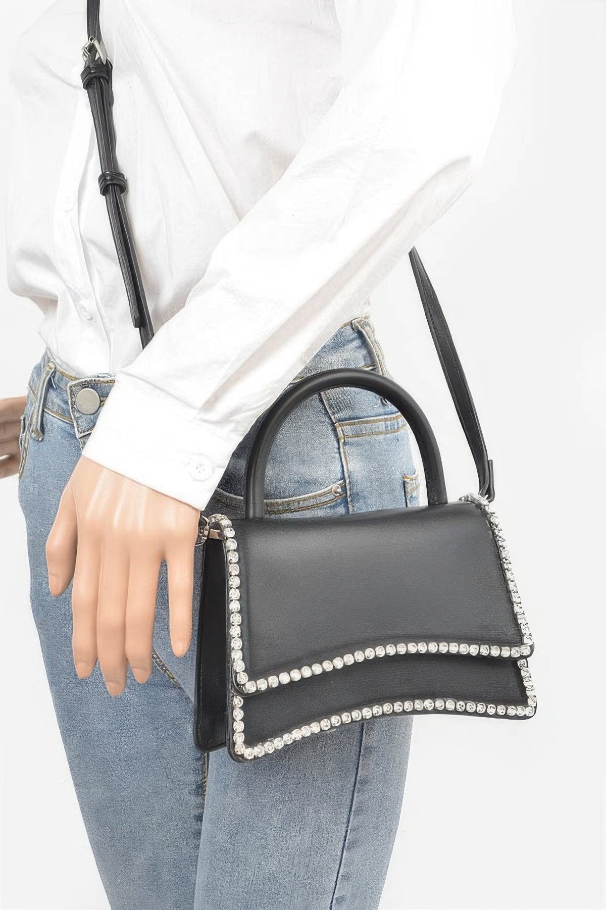 Faux Leather Top Handle Flap Bag W/rhinestone