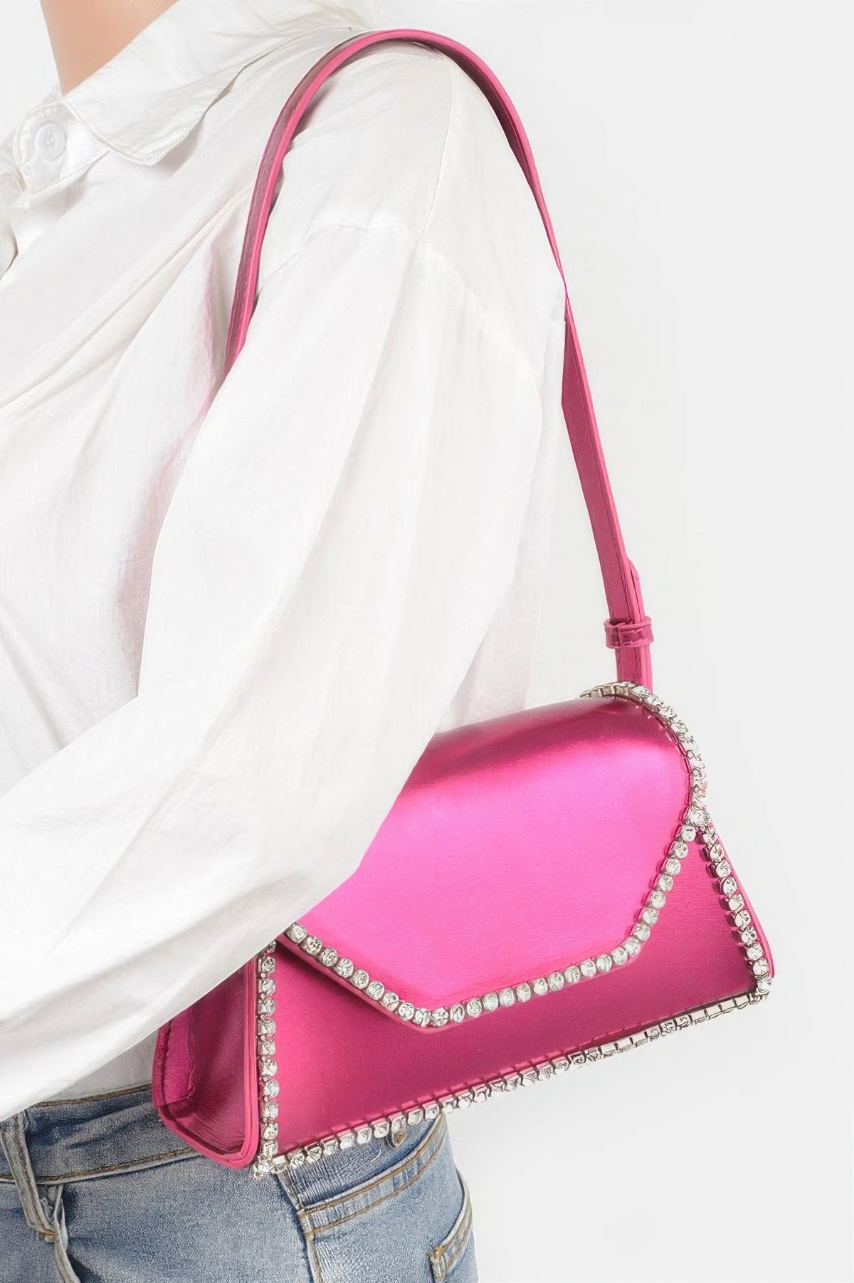 Metallic Pu Flap Bag W/rhinestone