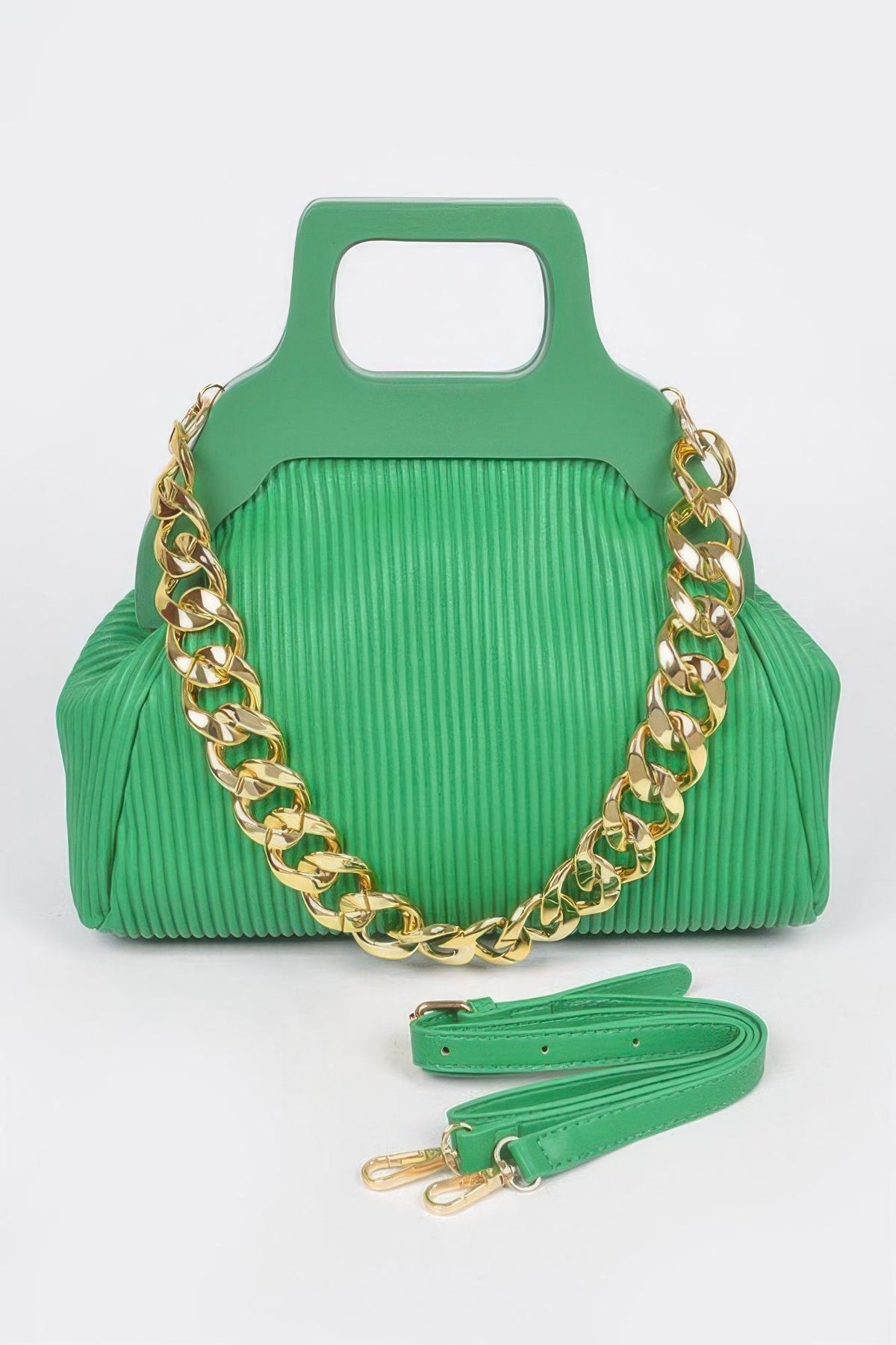 Pleated Wooden Handle Chain Bag