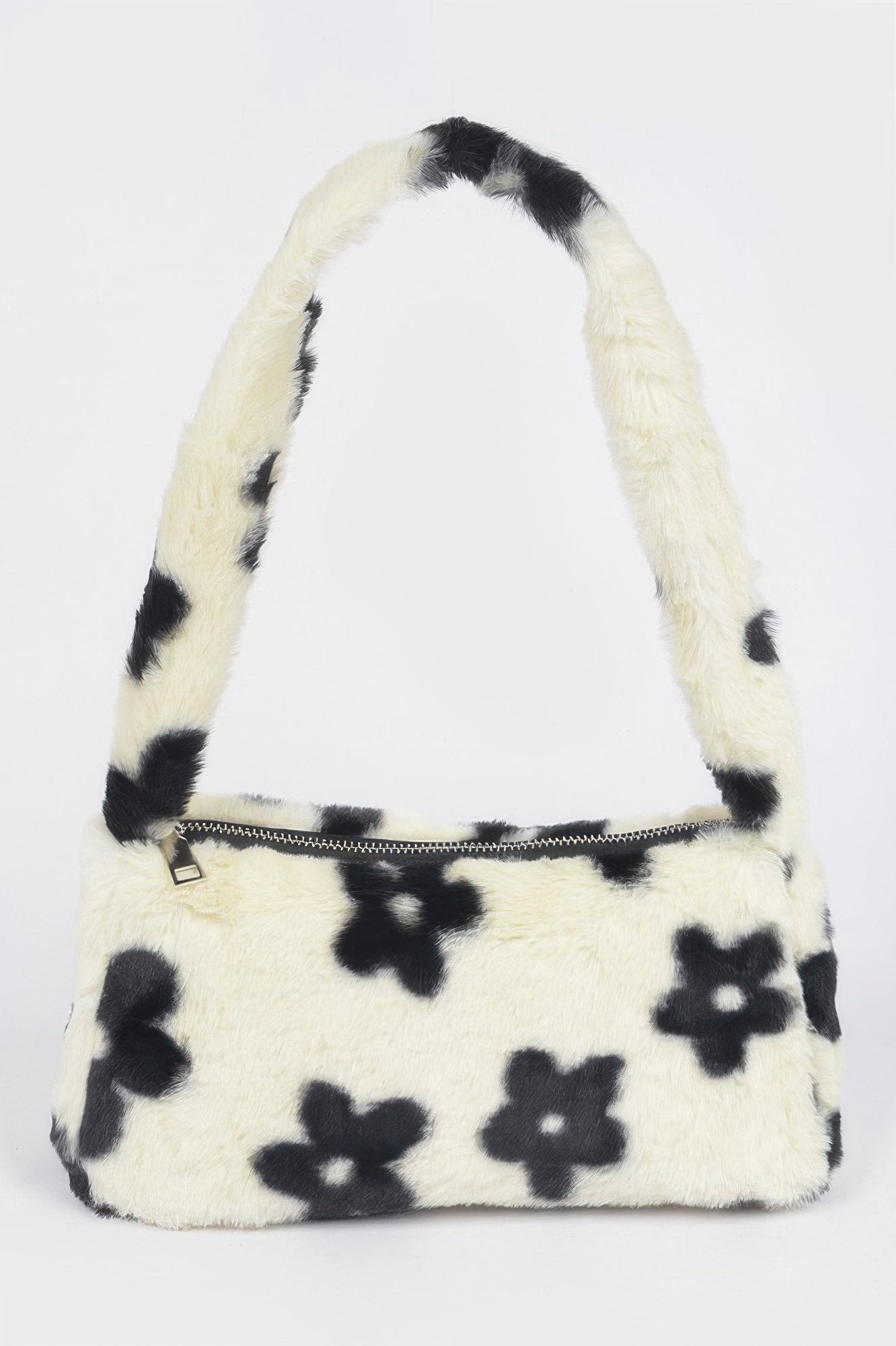Faux Wool Flower Print Shoulder Bag