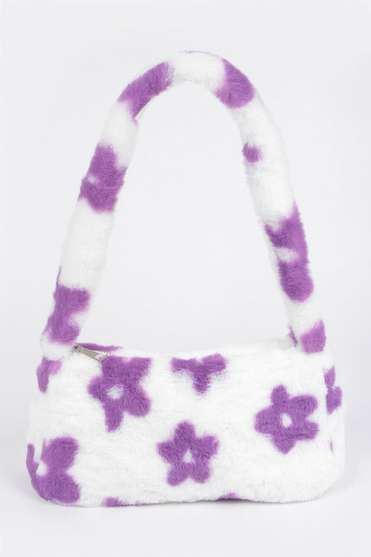Faux Wool Flower Print Shoulder Bag