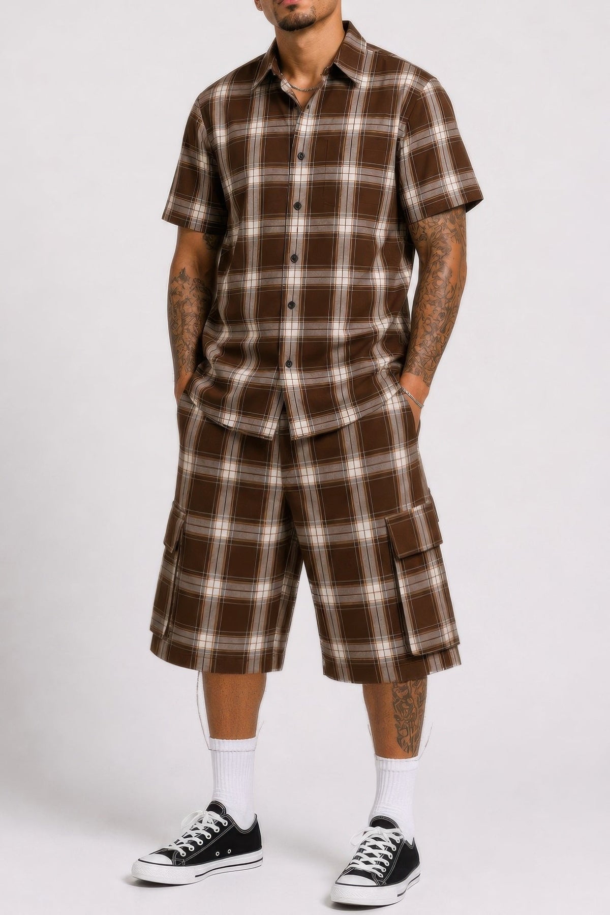 Mens Checkered Shirt And Cargo Shorts Set
