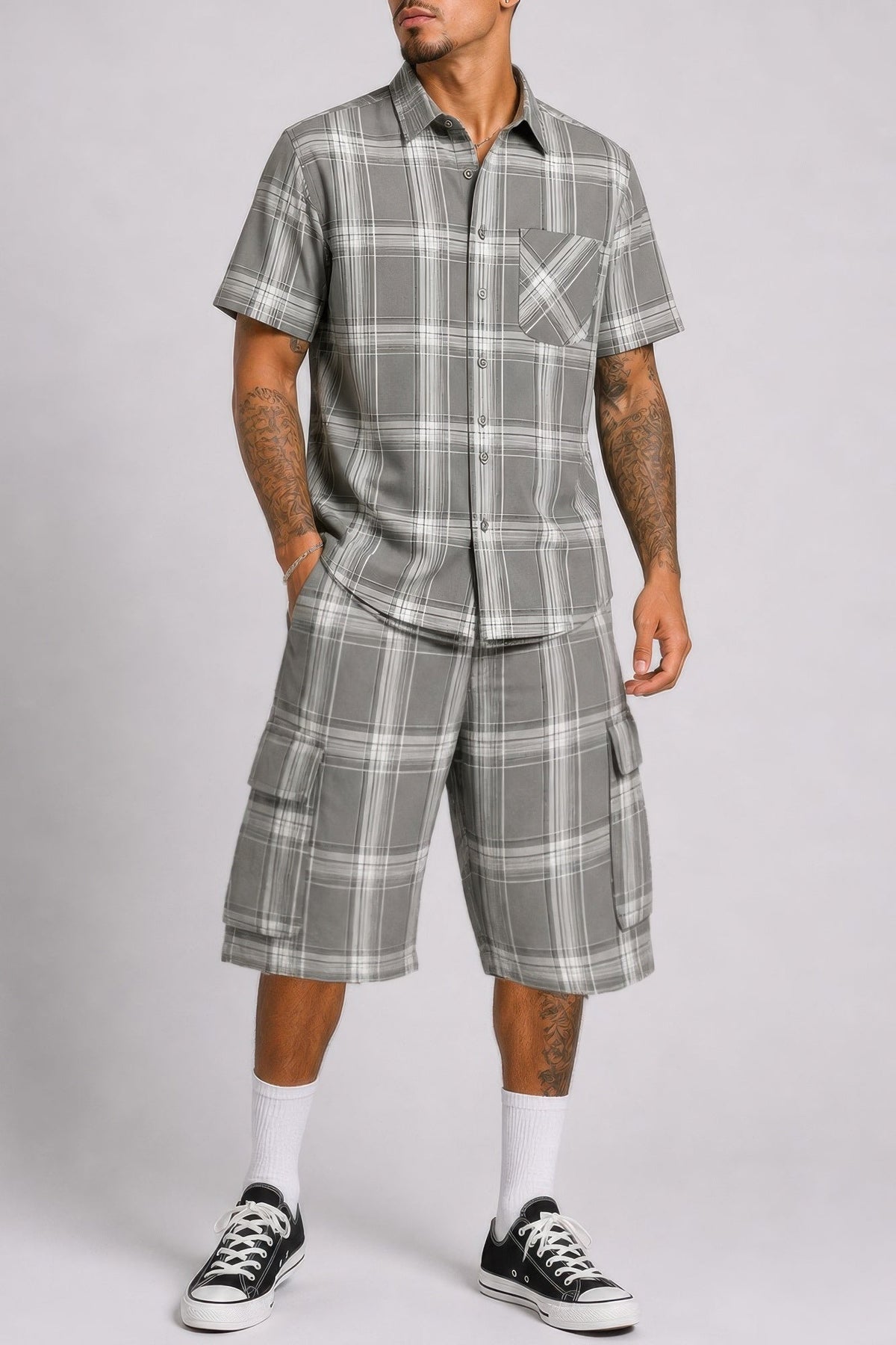 Mens Checkered Shirt And Cargo Shorts Set