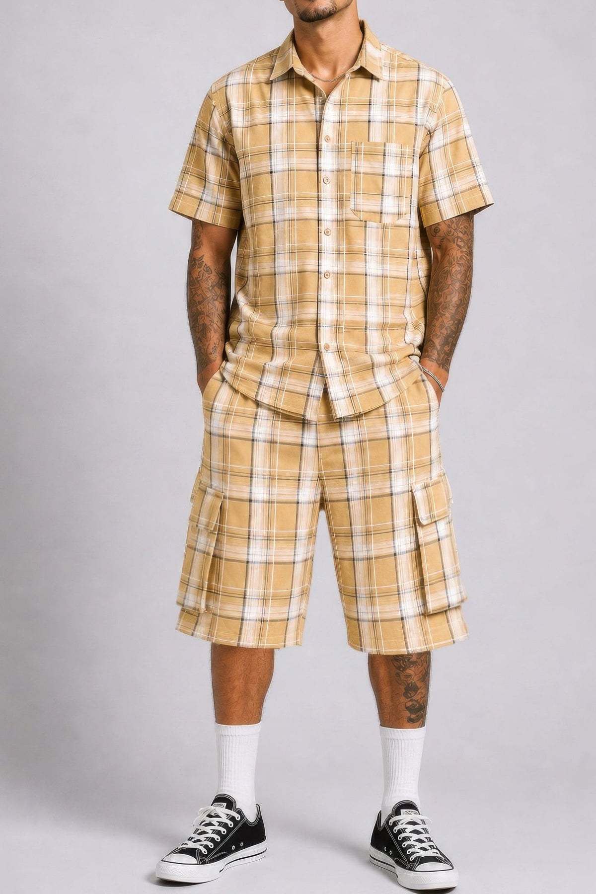 Mens Checkered Shirt And Cargo Shorts Set