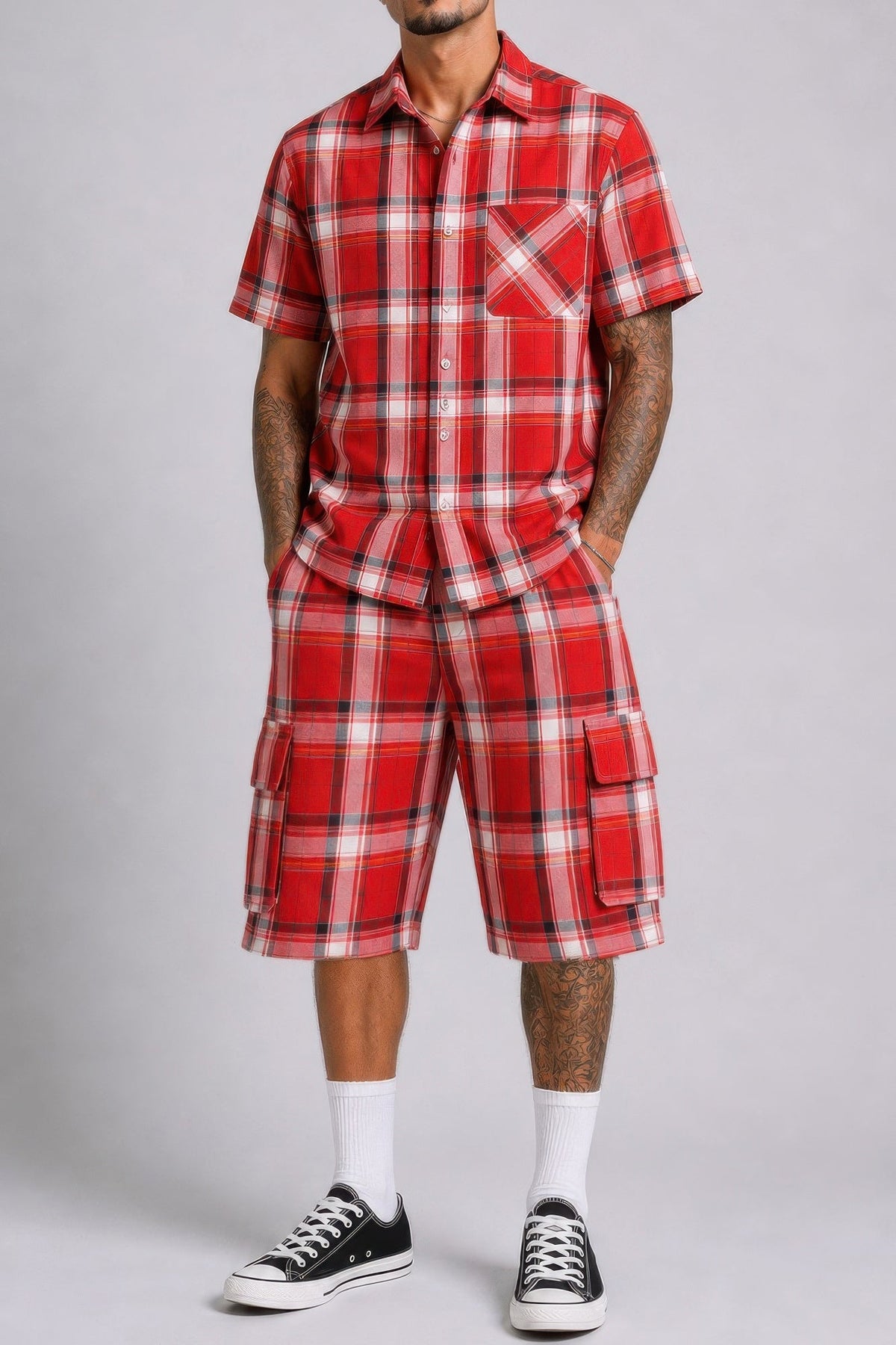 Mens Checkered Shirt And Cargo Shorts Set