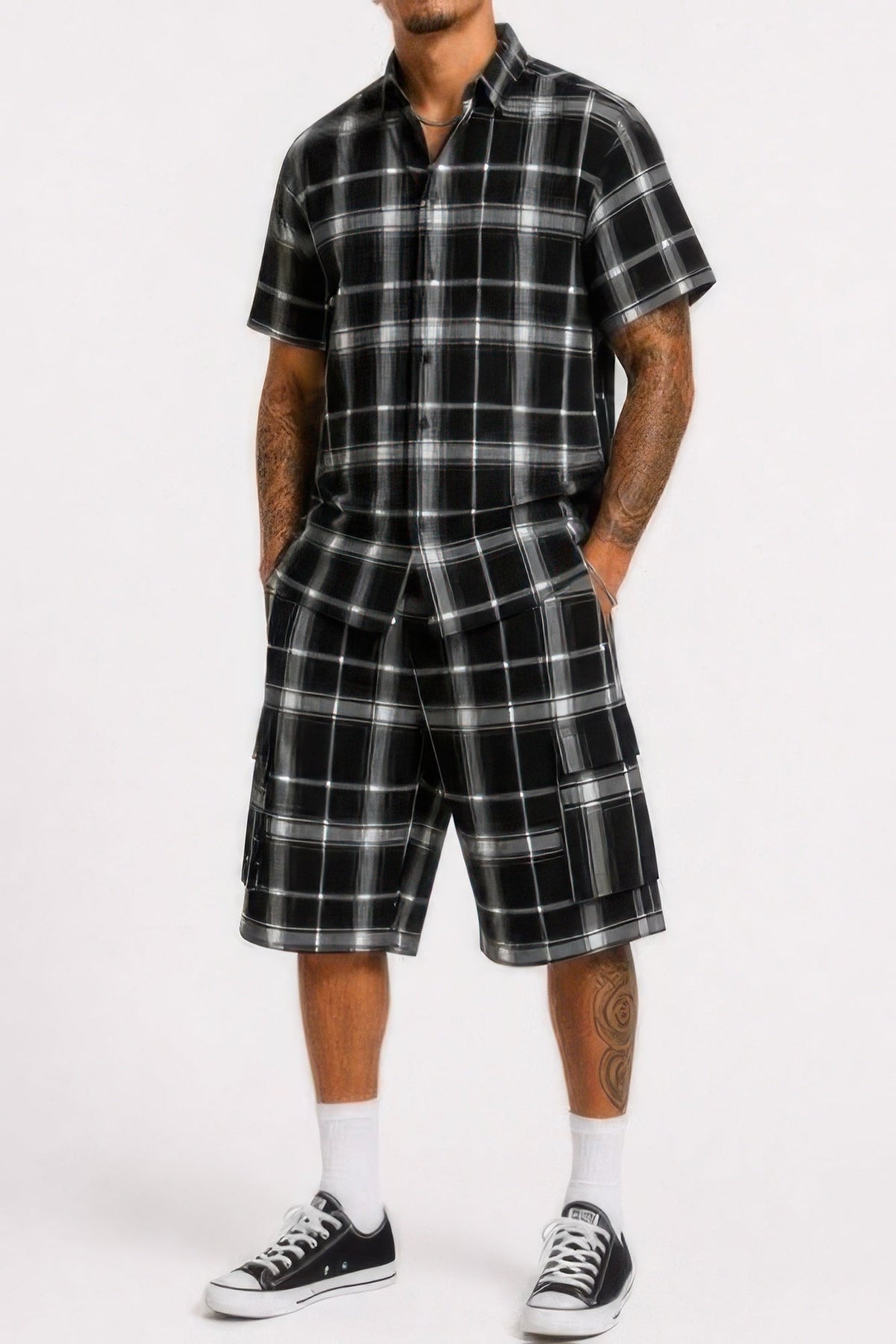 Mens Checkered Shirt And Cargo Shorts Set