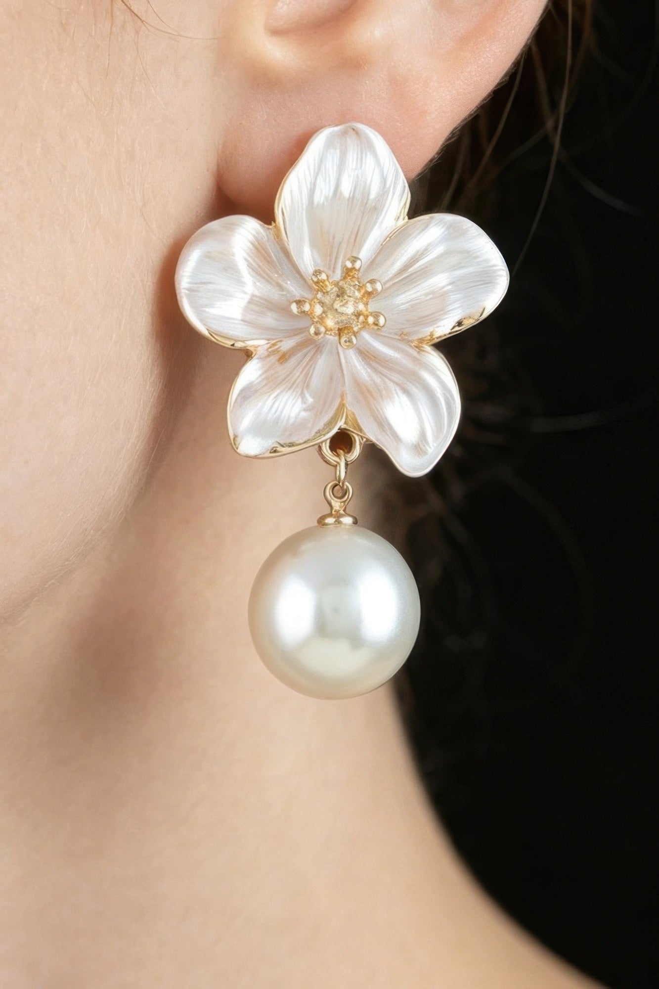 Polished Flower Pearl Drop Earrings
