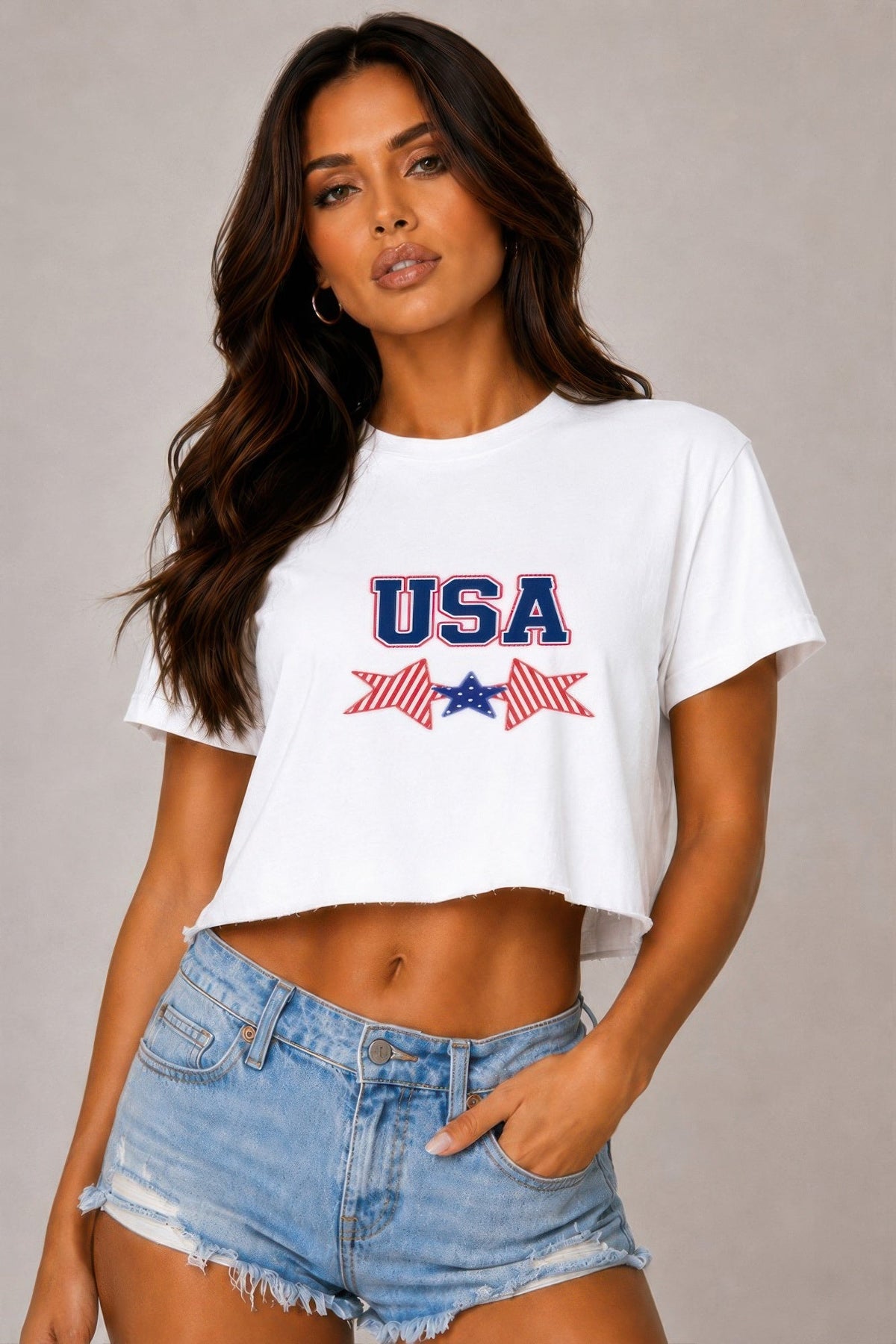 Usa Star Print Cropped Cotton T-shirt