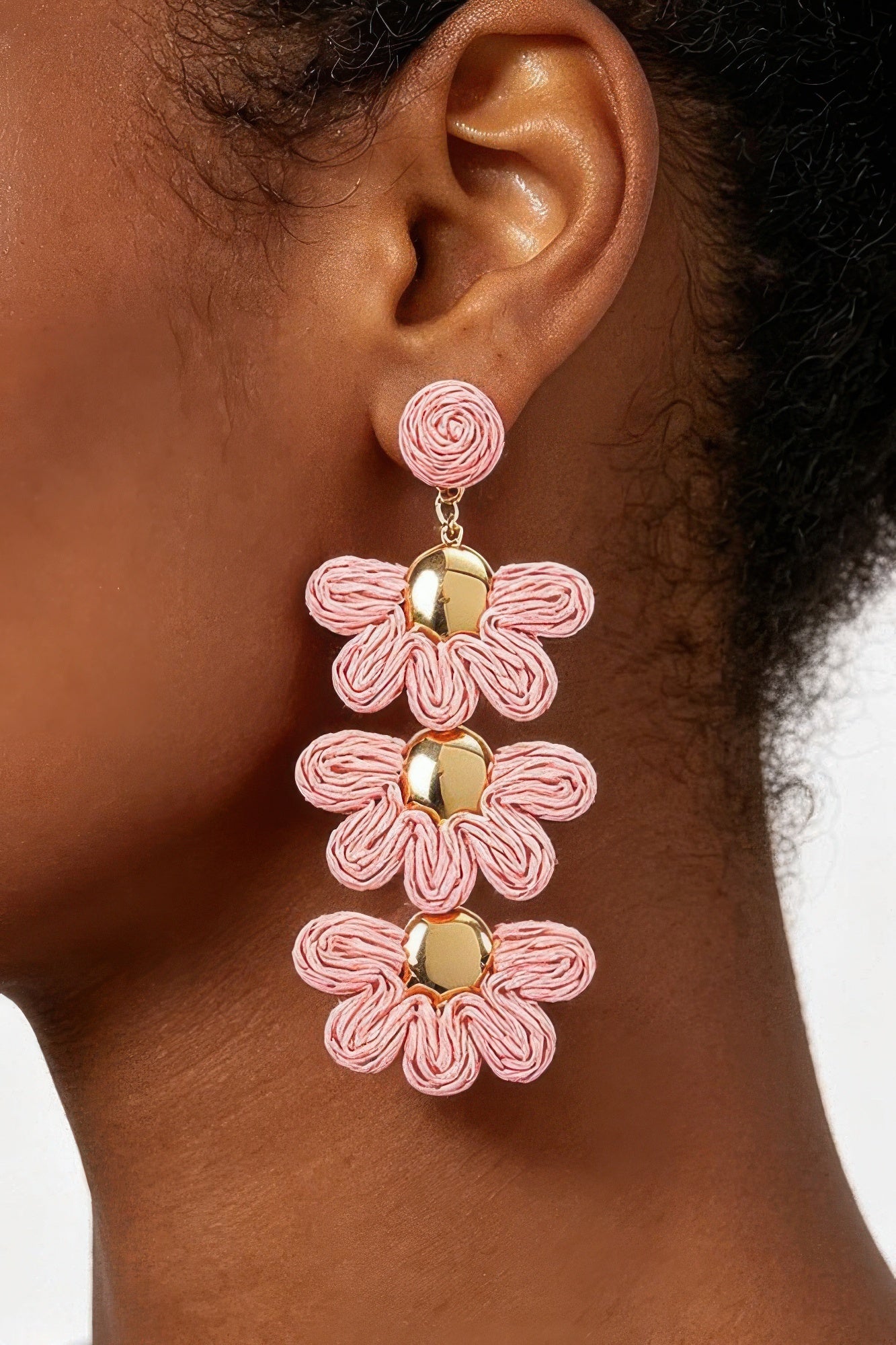 Layered Raffia Flower Drop Earrings
