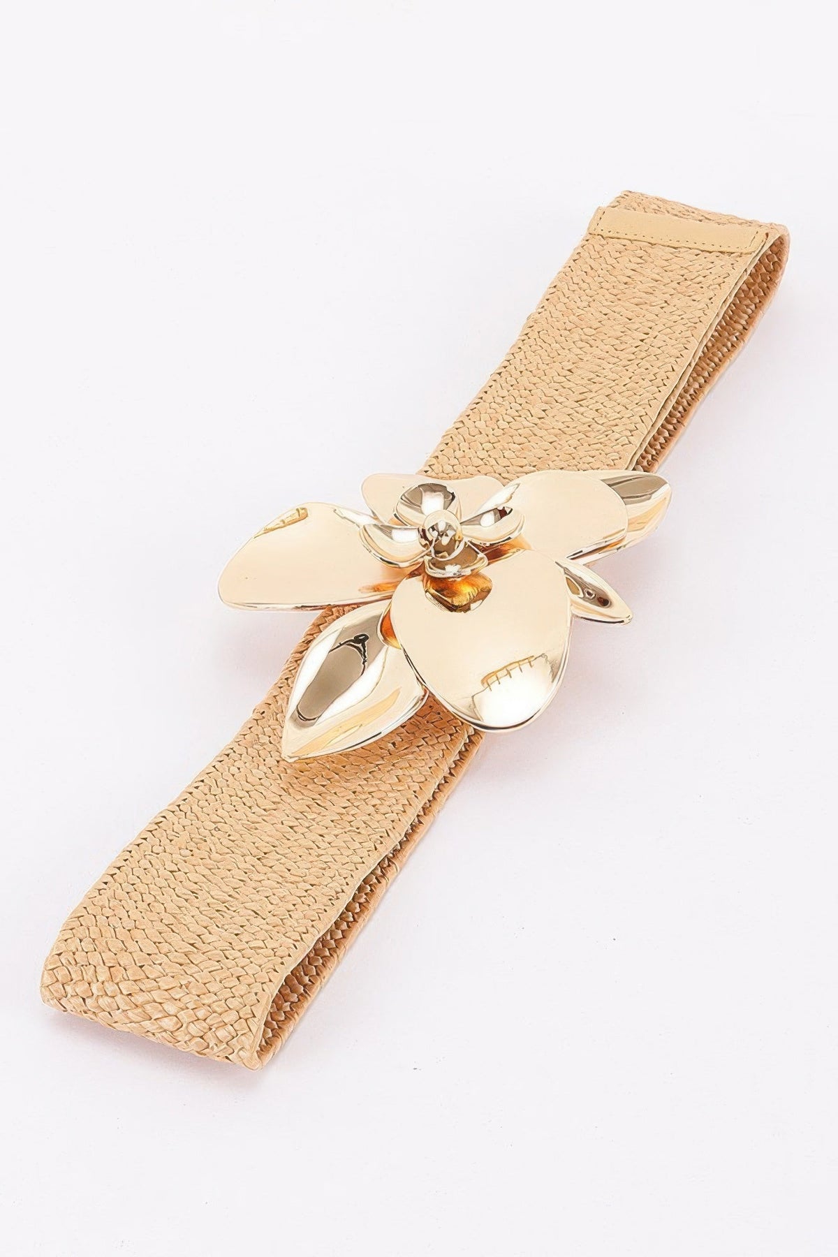 Faux Straw Big Flower Metal Buckle Elastic Belt