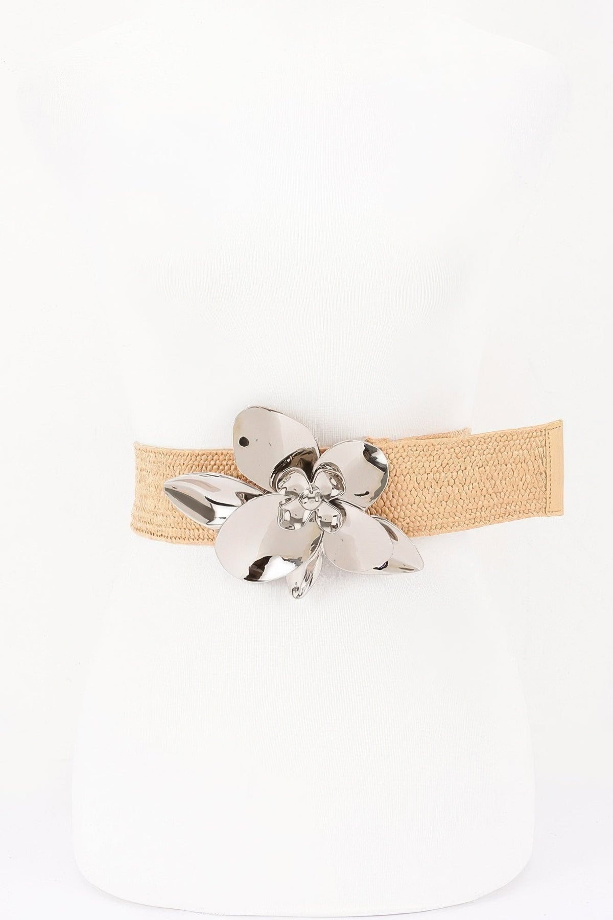 Faux Straw Big Flower Metal Buckle Elastic Belt