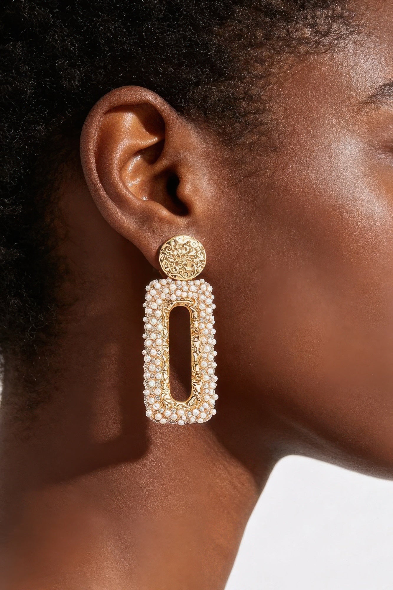 Textured Gold Disc And Pearl-encrusted Rectangular Drop Earr