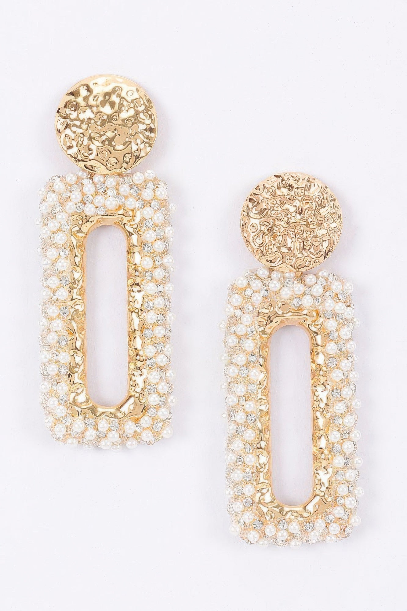 Textured Gold Disc And Pearl-encrusted Rectangular Drop Earr