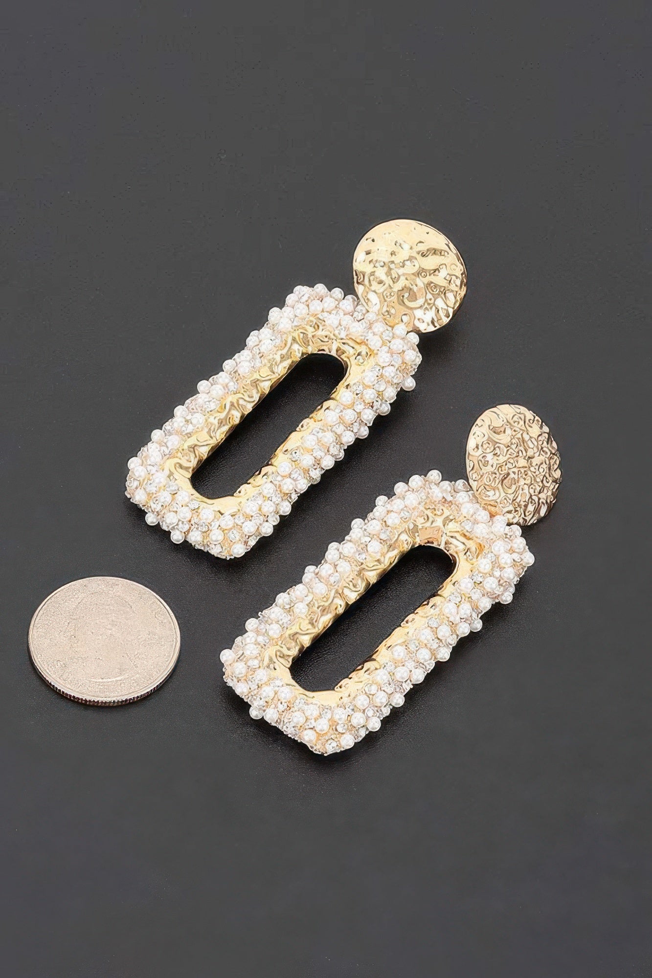 Textured Gold Disc And Pearl-encrusted Rectangular Drop Earr