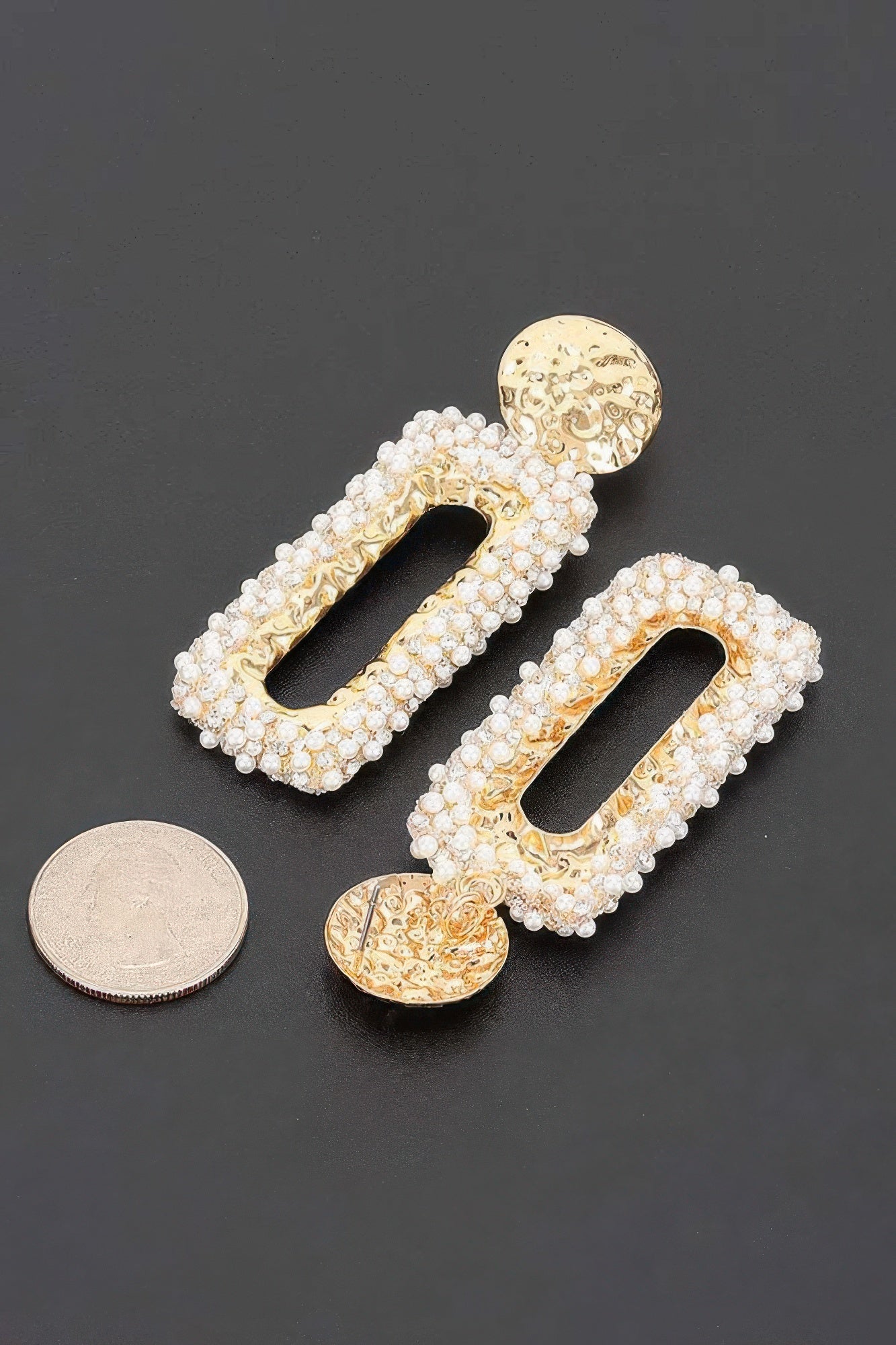Textured Gold Disc And Pearl-encrusted Rectangular Drop Earr