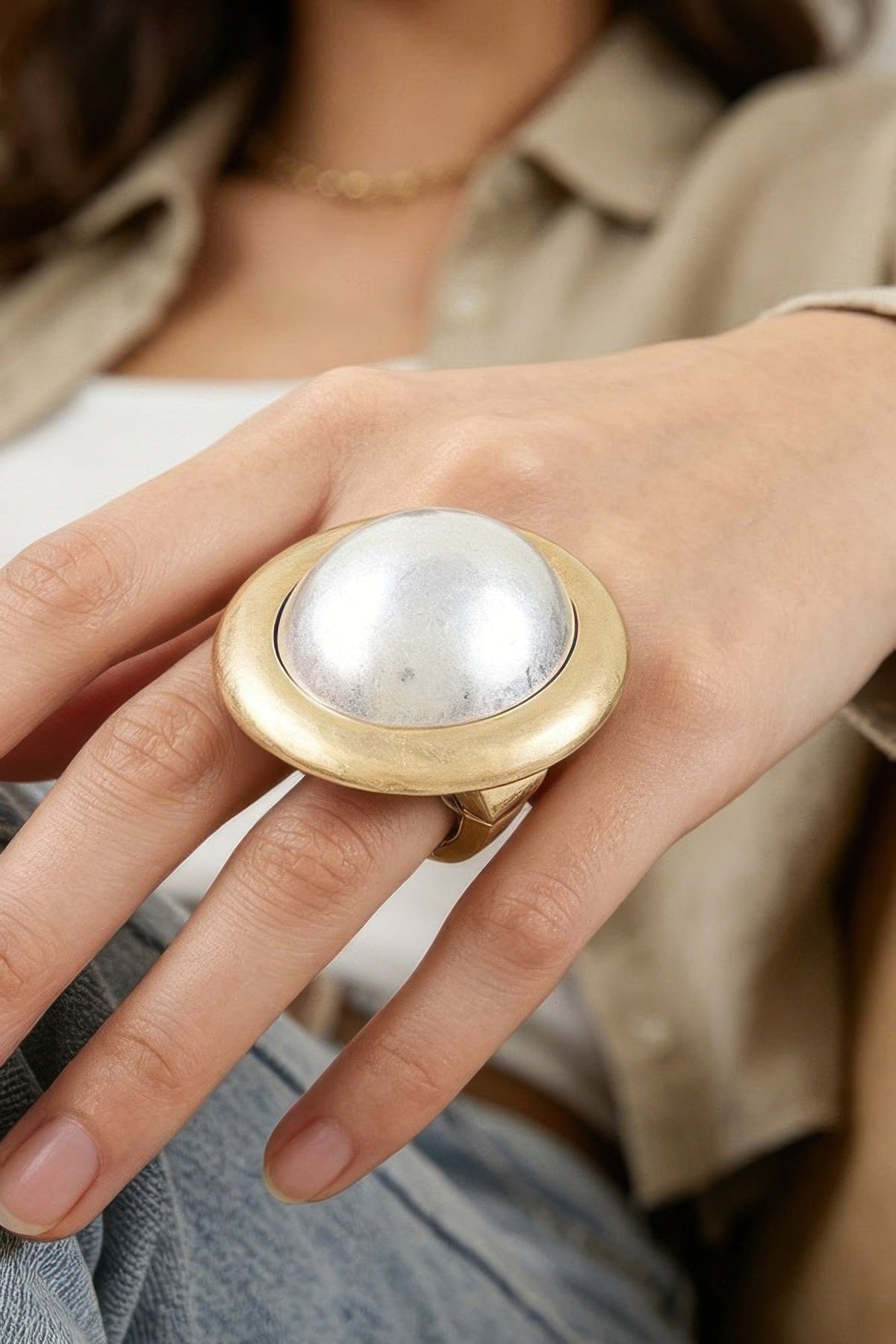 Hammered Pearl Dome Statement Ring