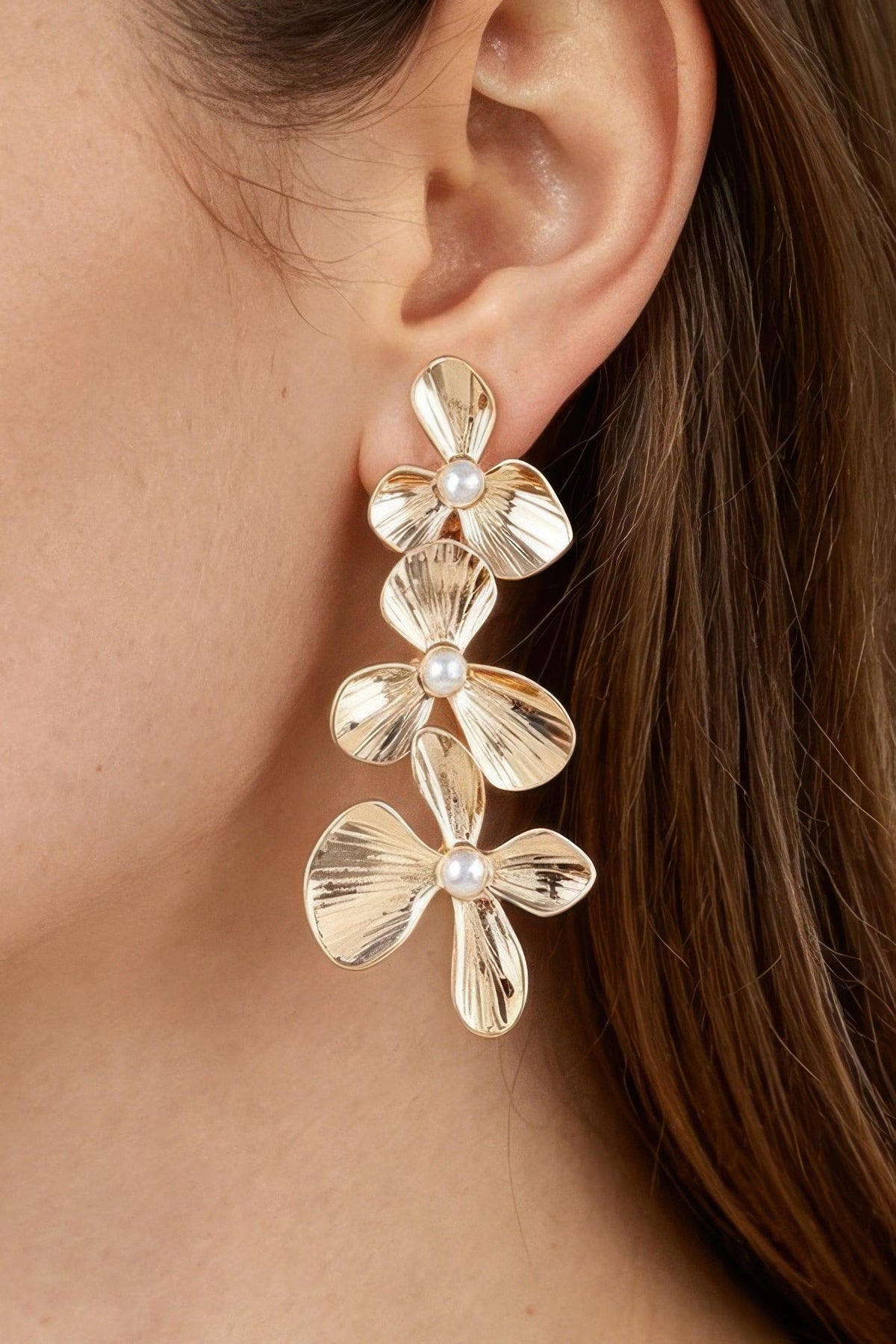Ribbed Triple Flower Drop Earrings