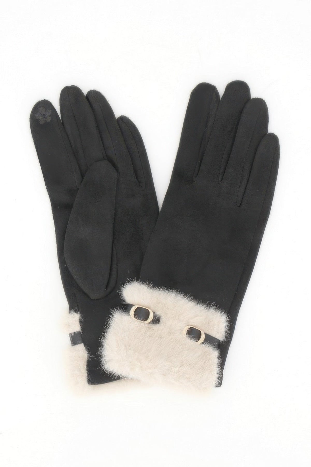Faux Suede Touchscreen Gloves With Faux Fur Cuff & Buckle
