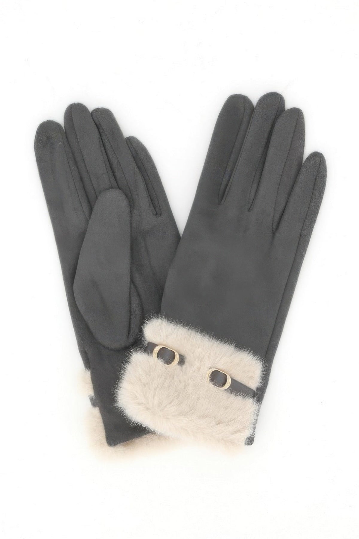 Faux Suede Touchscreen Gloves With Faux Fur Cuff & Buckle