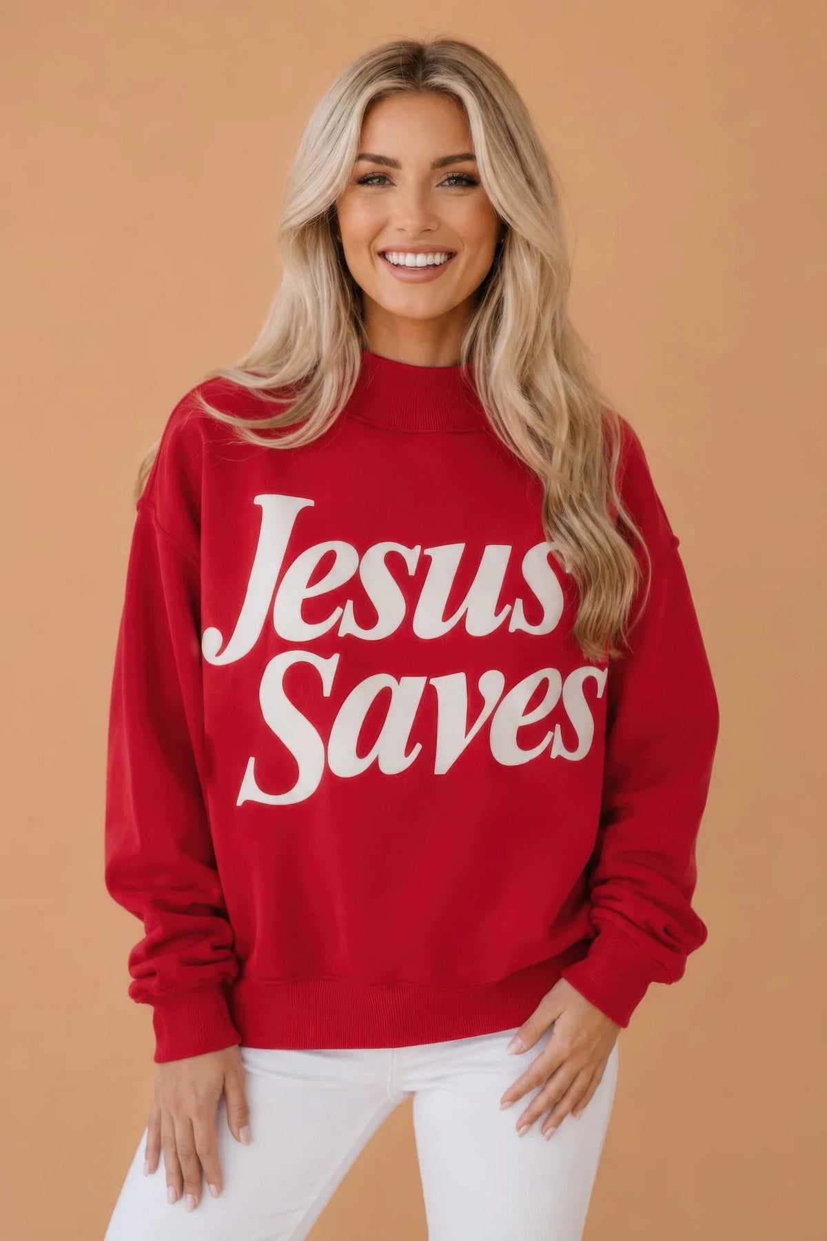 Jesus Saves Graphic Print Mock Neck Sweatshirt