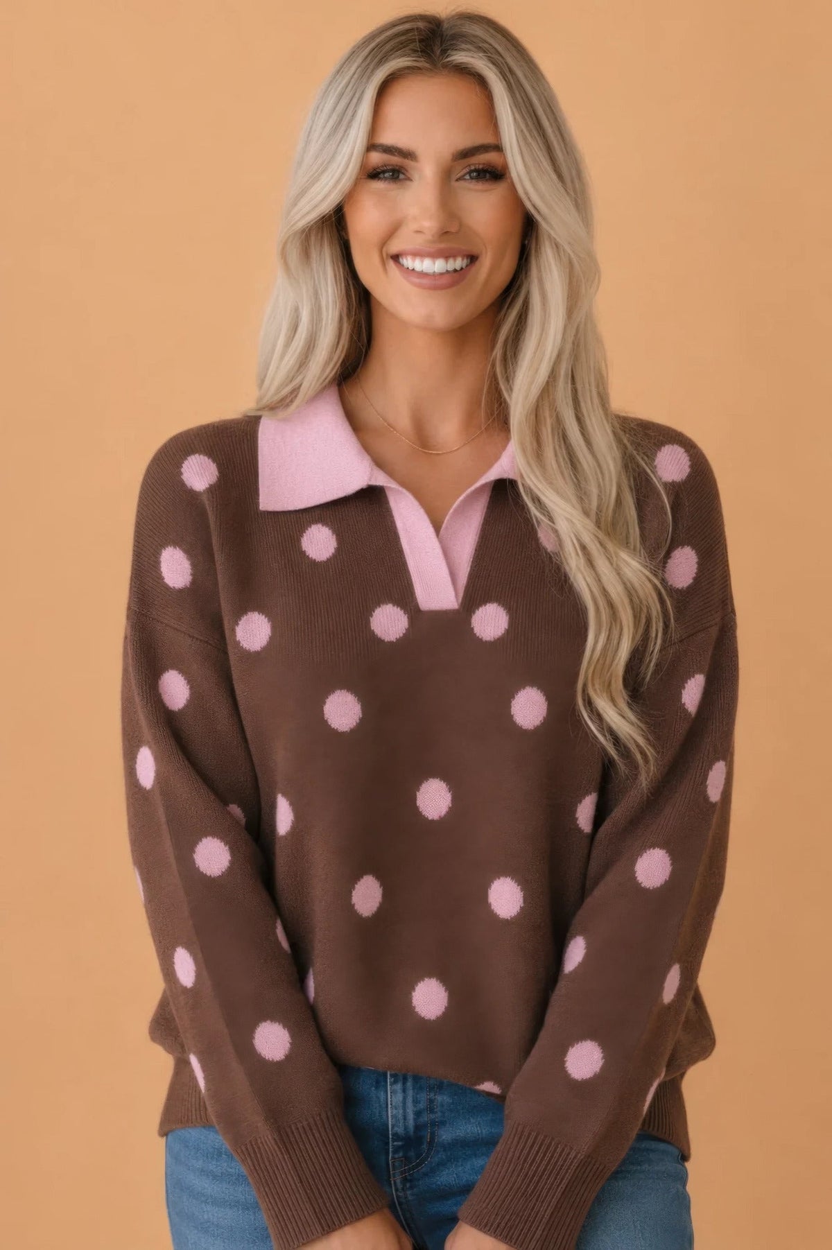 Polka Dot Colorblock Collared V-neck Sweater